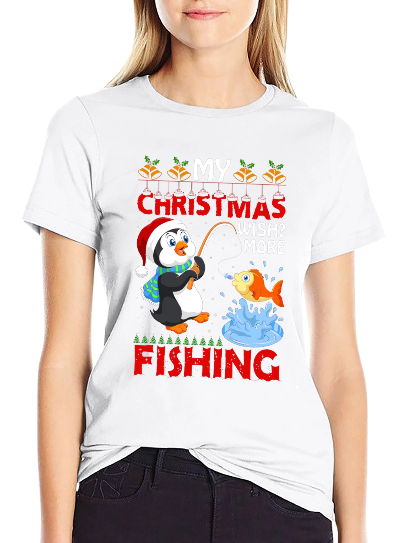 Black Christmas Penguin Fishing T-Shirt view 9
