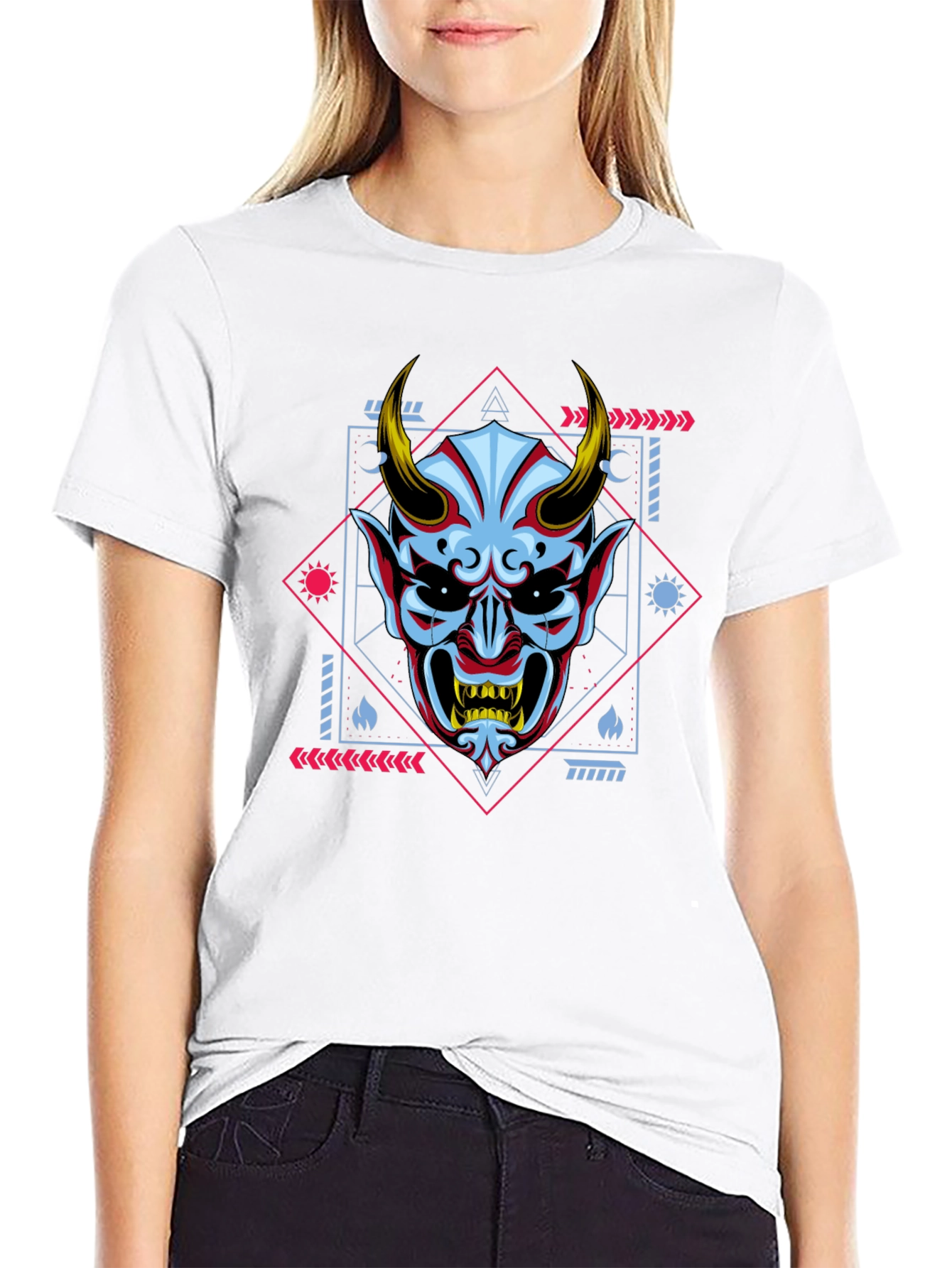 Black Geometric Oni Mask Graphic Tee - Black view 9