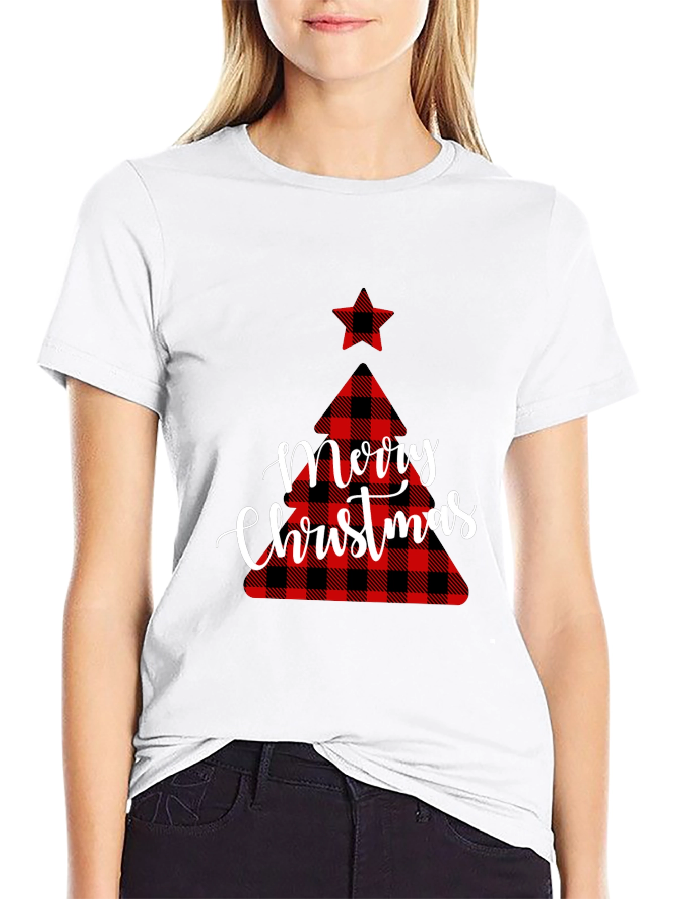 Black Plaid Christmas Tree Graphic Tee view 9