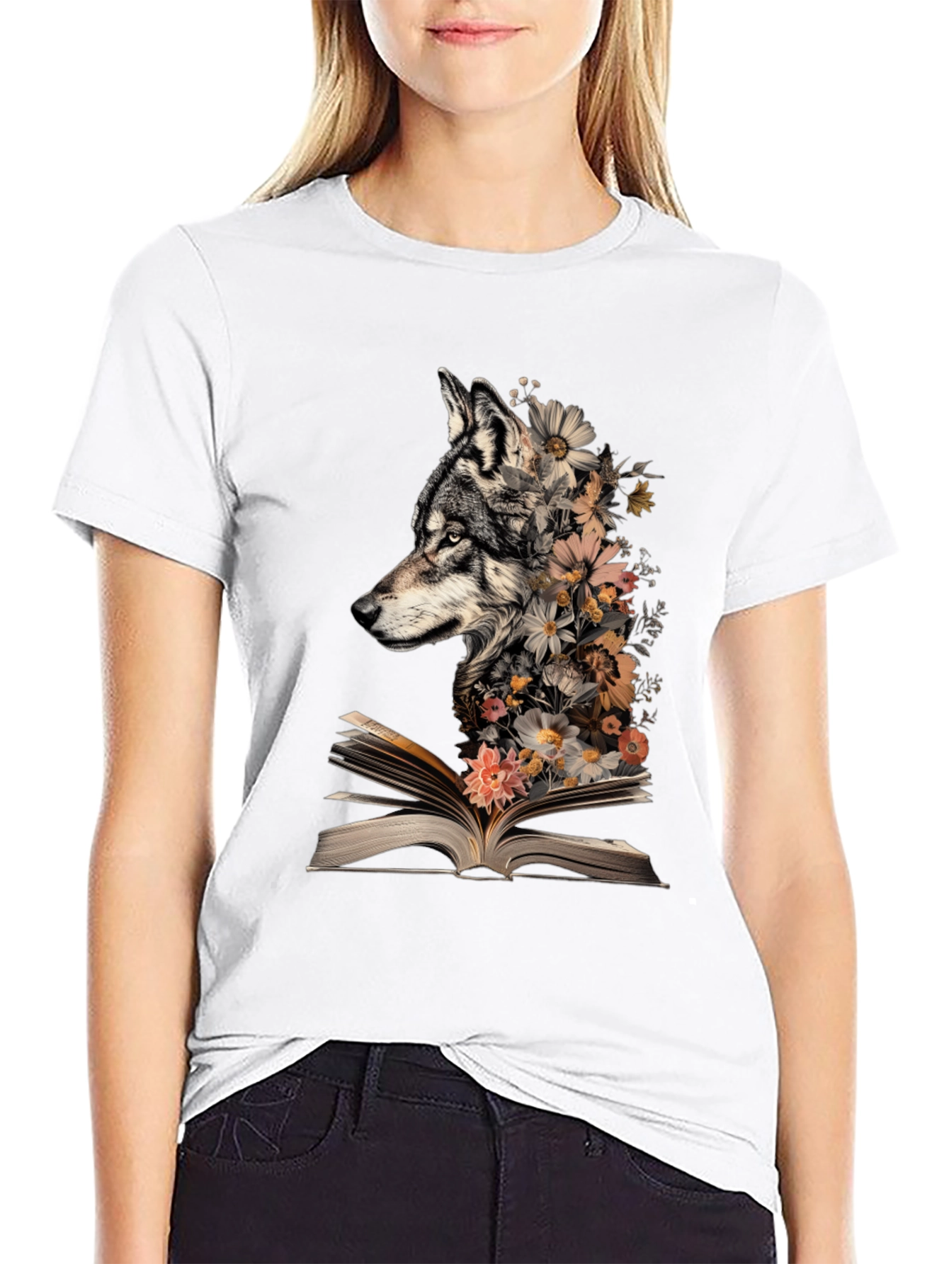 Black Wolf & Floral Book T-Shirt view 9