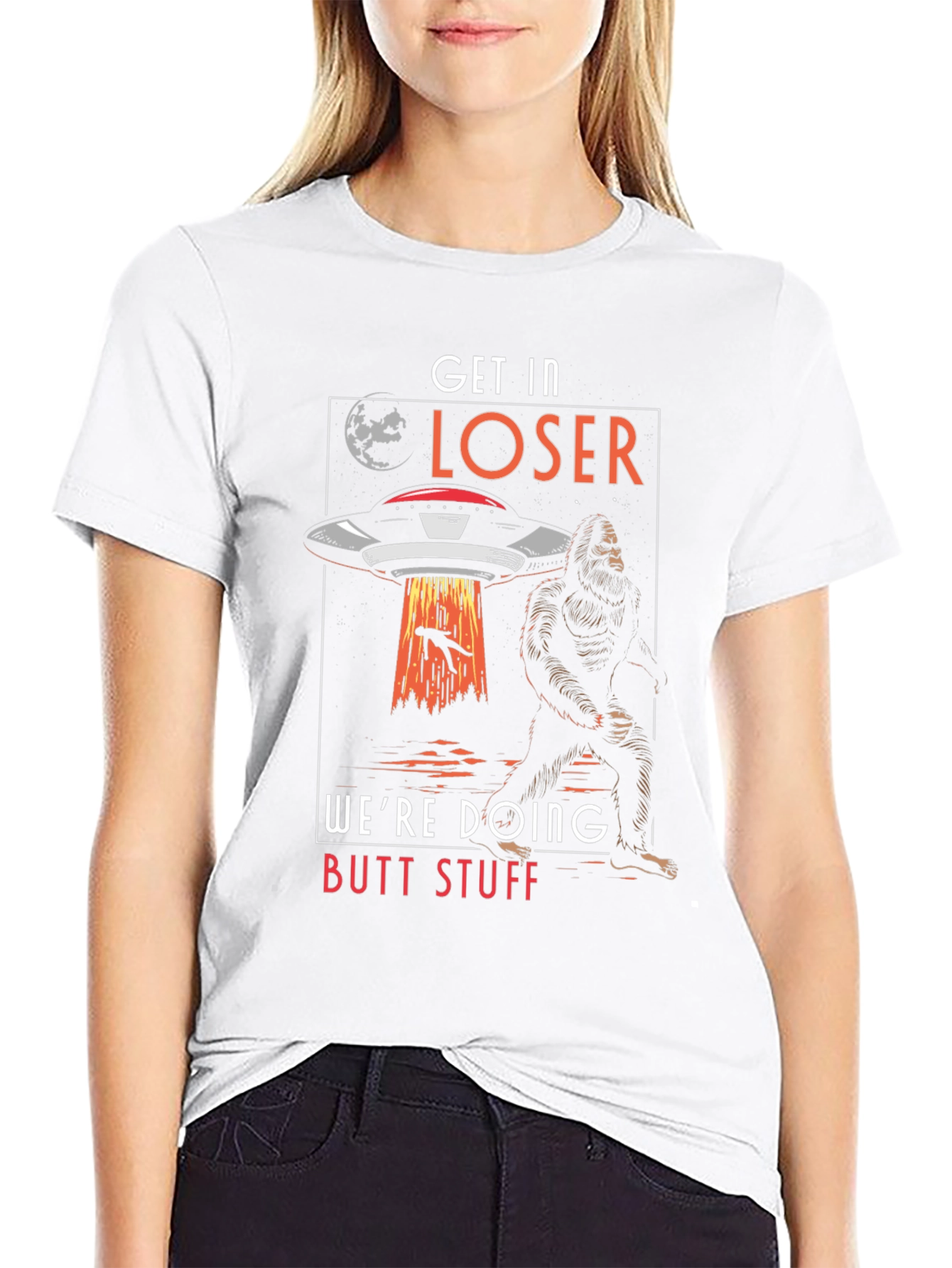 Black Get In Loser Bigfoot UFO T-Shirt view 9
