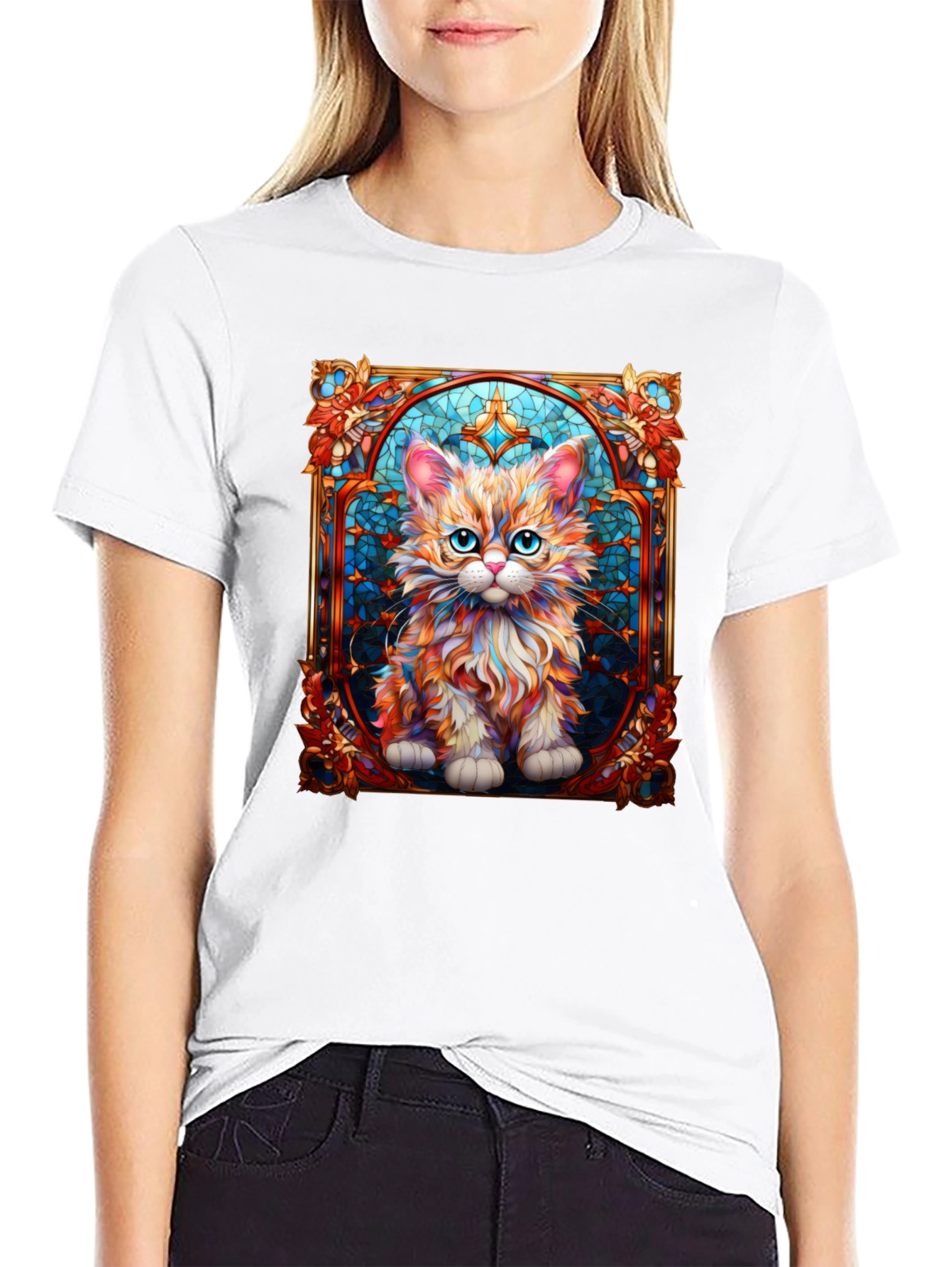 Black Stained Glass Cat Art T-Shirt view 9