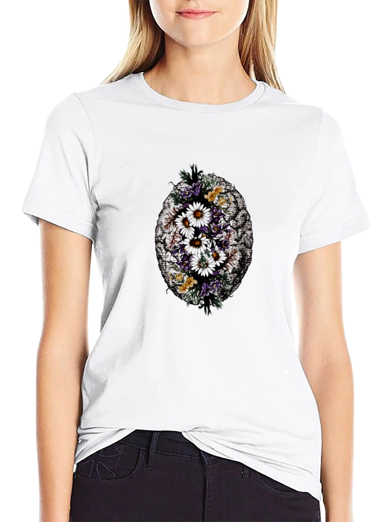 Black Floral Skull Print Black T-Shirt view 9