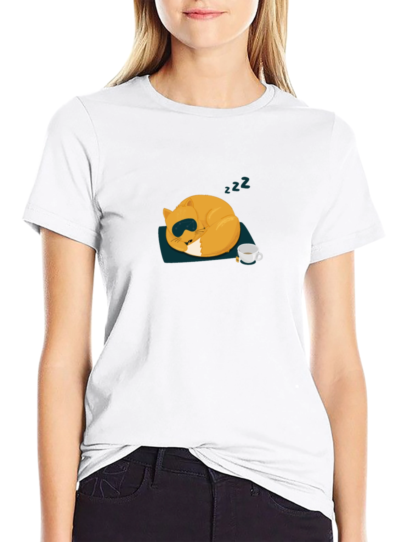 Black Sleepy Cat Tee - Cozy Cartoon Design view 9
