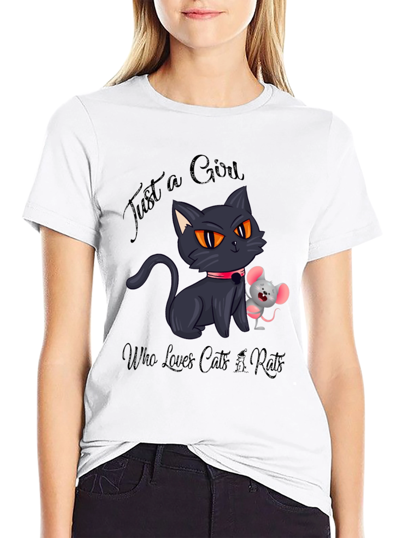 Black Cute Cat and Mouse Graphic Tee view 9