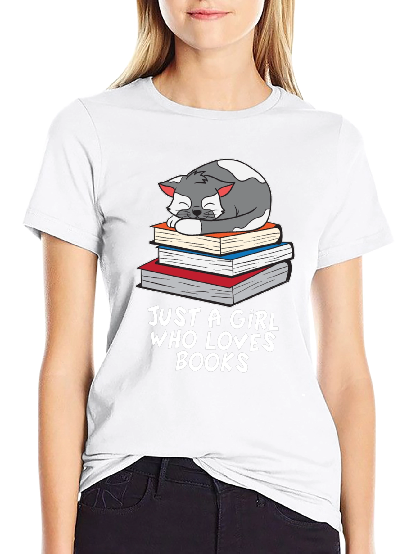 Black Cat on Books T-Shirt - Just a Girl Who Loves Books view 9