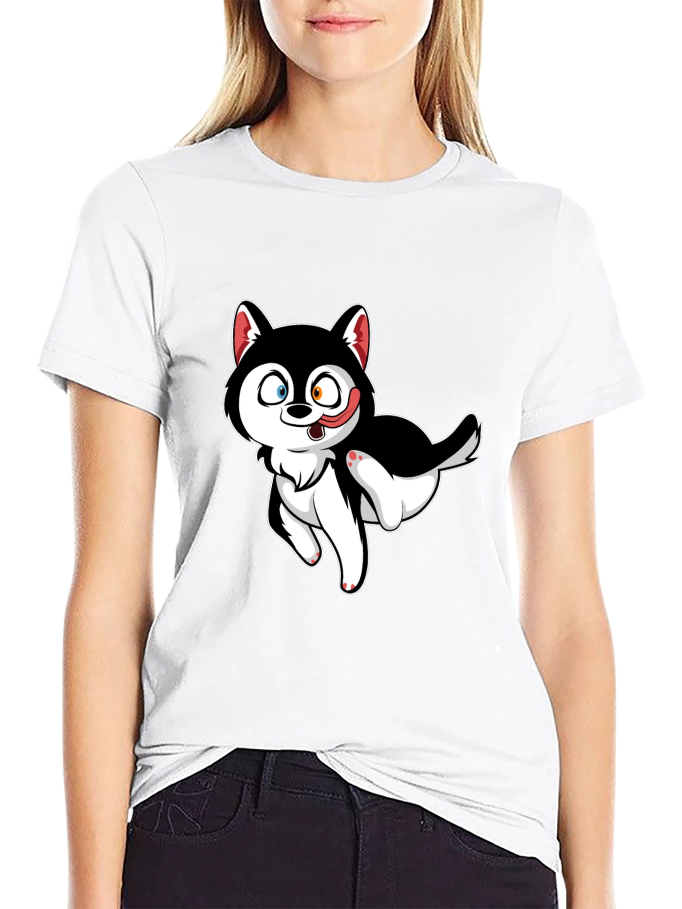 Black Cute Cartoon Husky Graphic T-Shirt - Black view 9