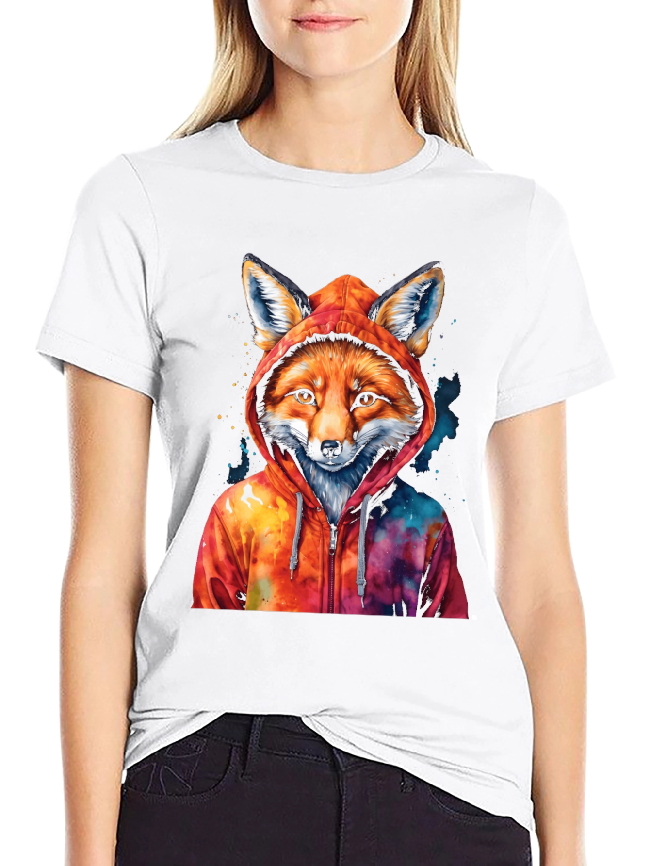 Fox in Hoodie Graphic T-Shirt - Cool Animal Tee - 9