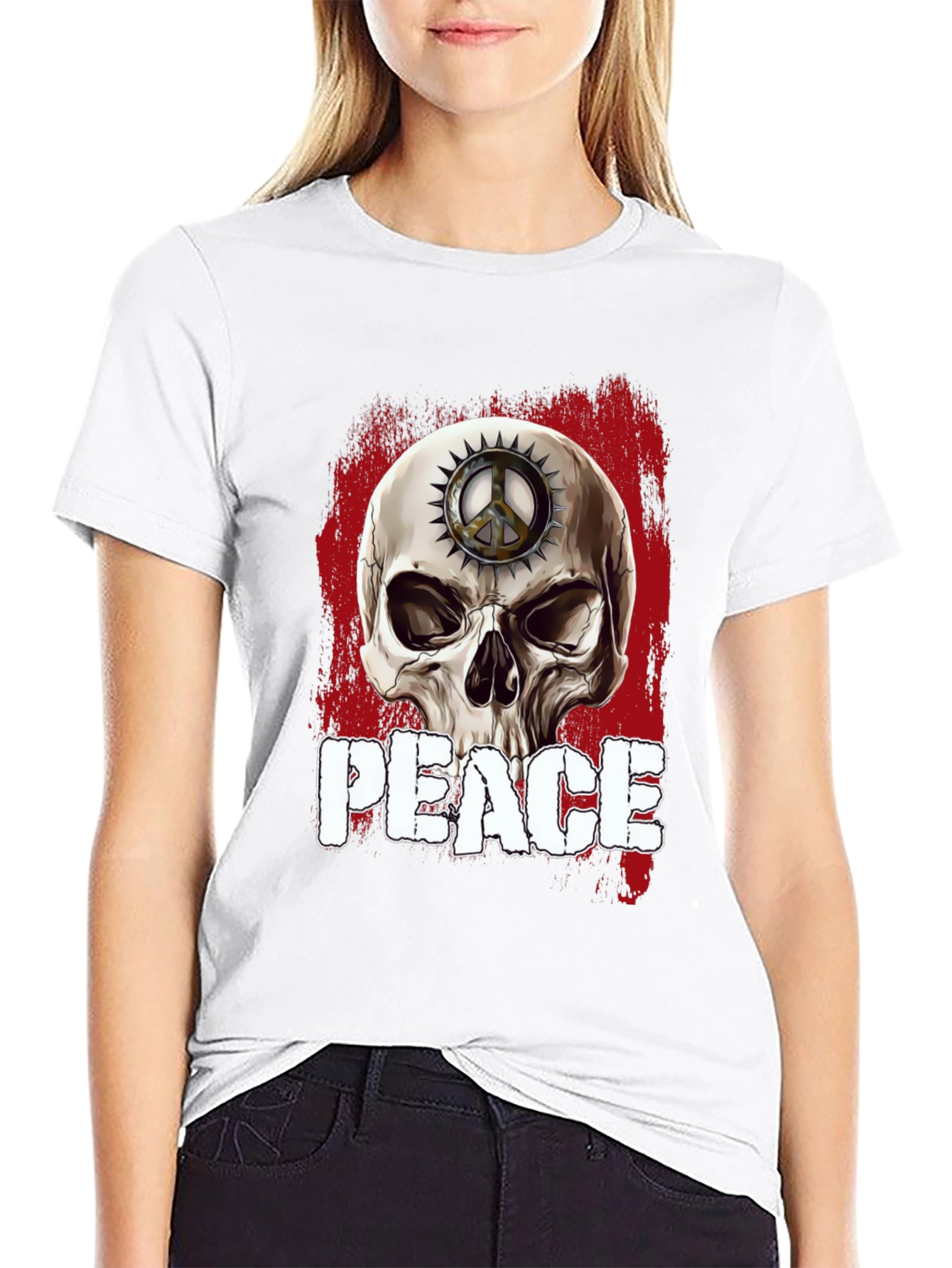 Black Skull Peace Sign Graphic T-Shirt view 9