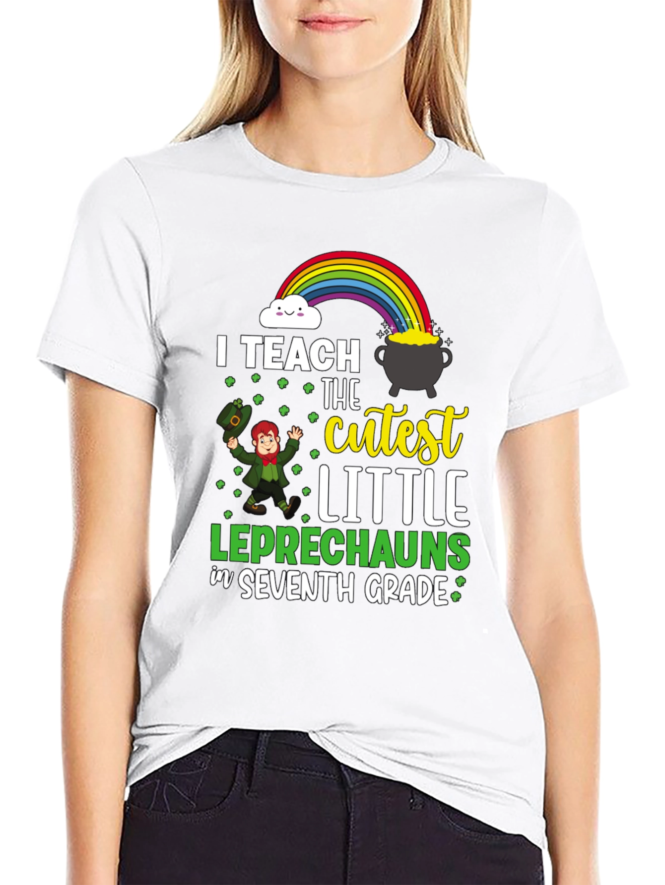 Black Cute Leprechaun Seventh Grade Teacher T-Shirt view 9