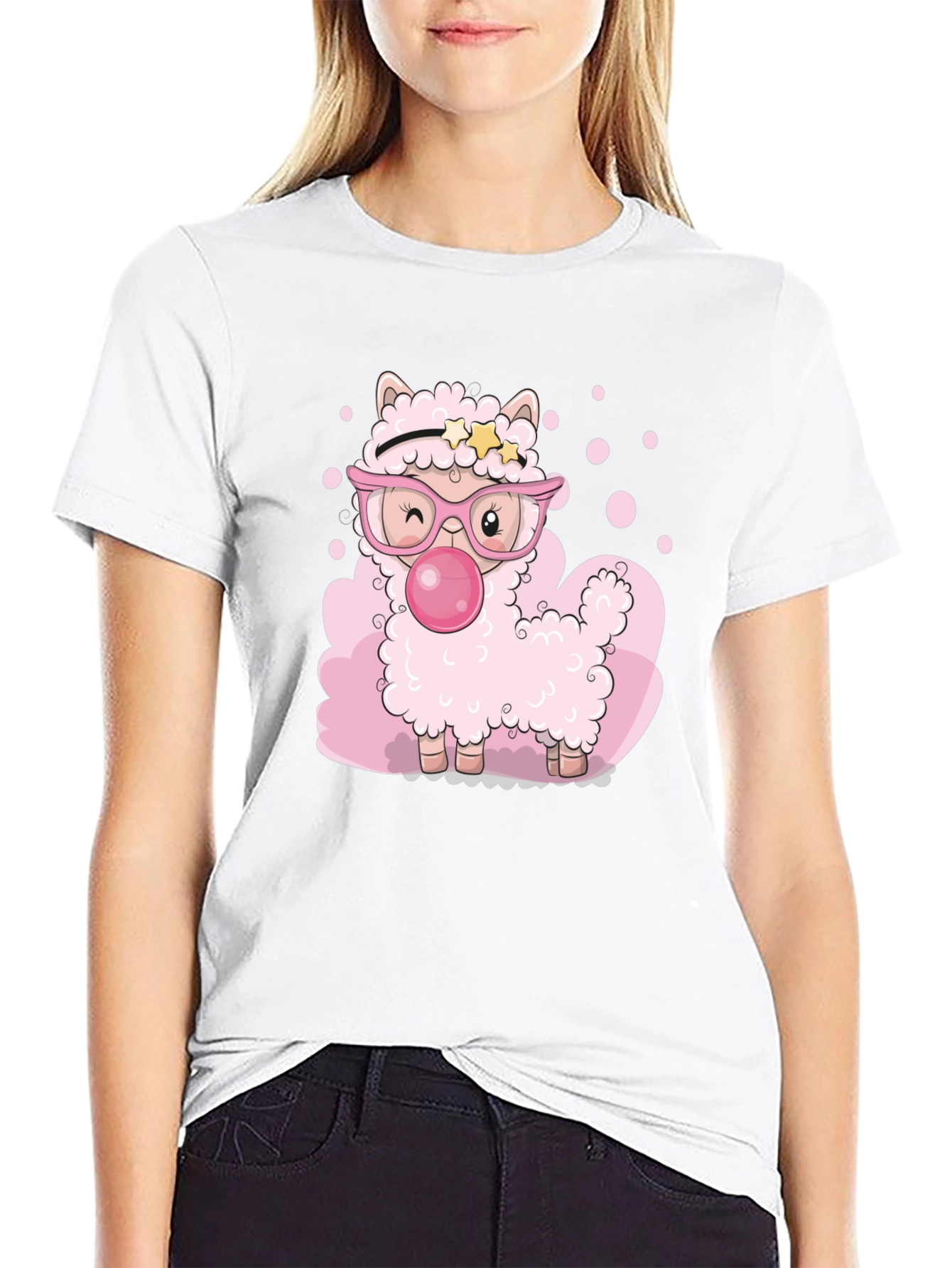Black Cute Cartoon Llama Bubble Gum Black T-Shirt view 9
