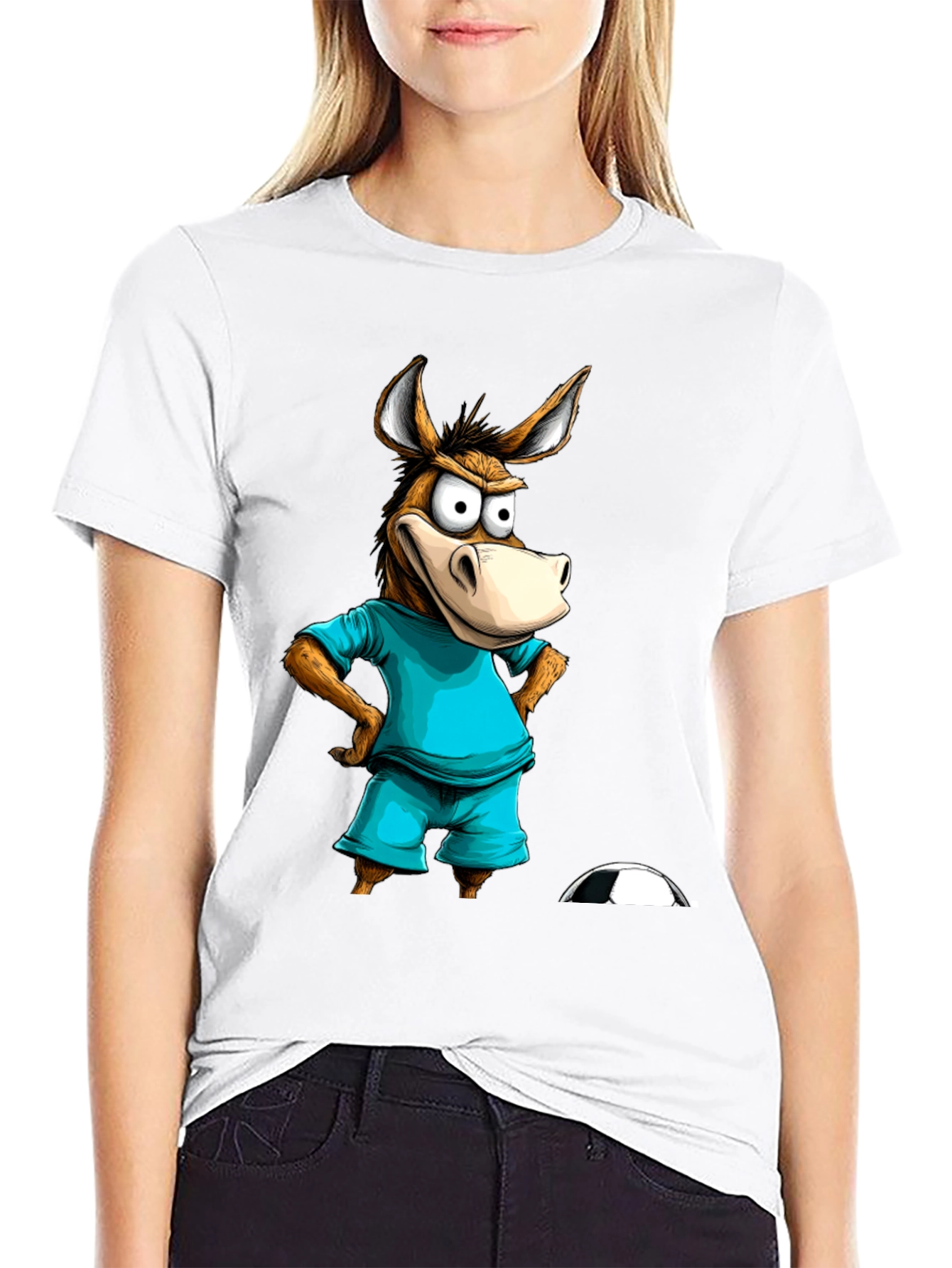 Black Funny Donkey Soccer T-Shirt - Cartoon Animal Tee view 9