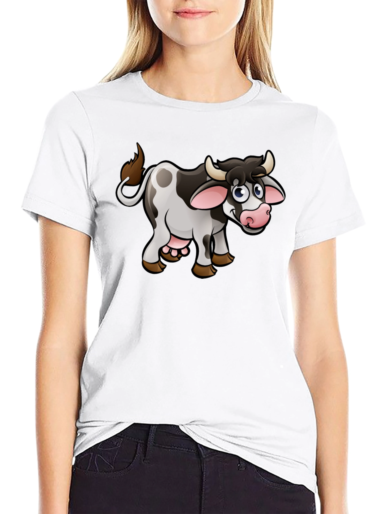 Black Cartoon Cow T-Shirt - Black Cotton Graphic Tee view 9