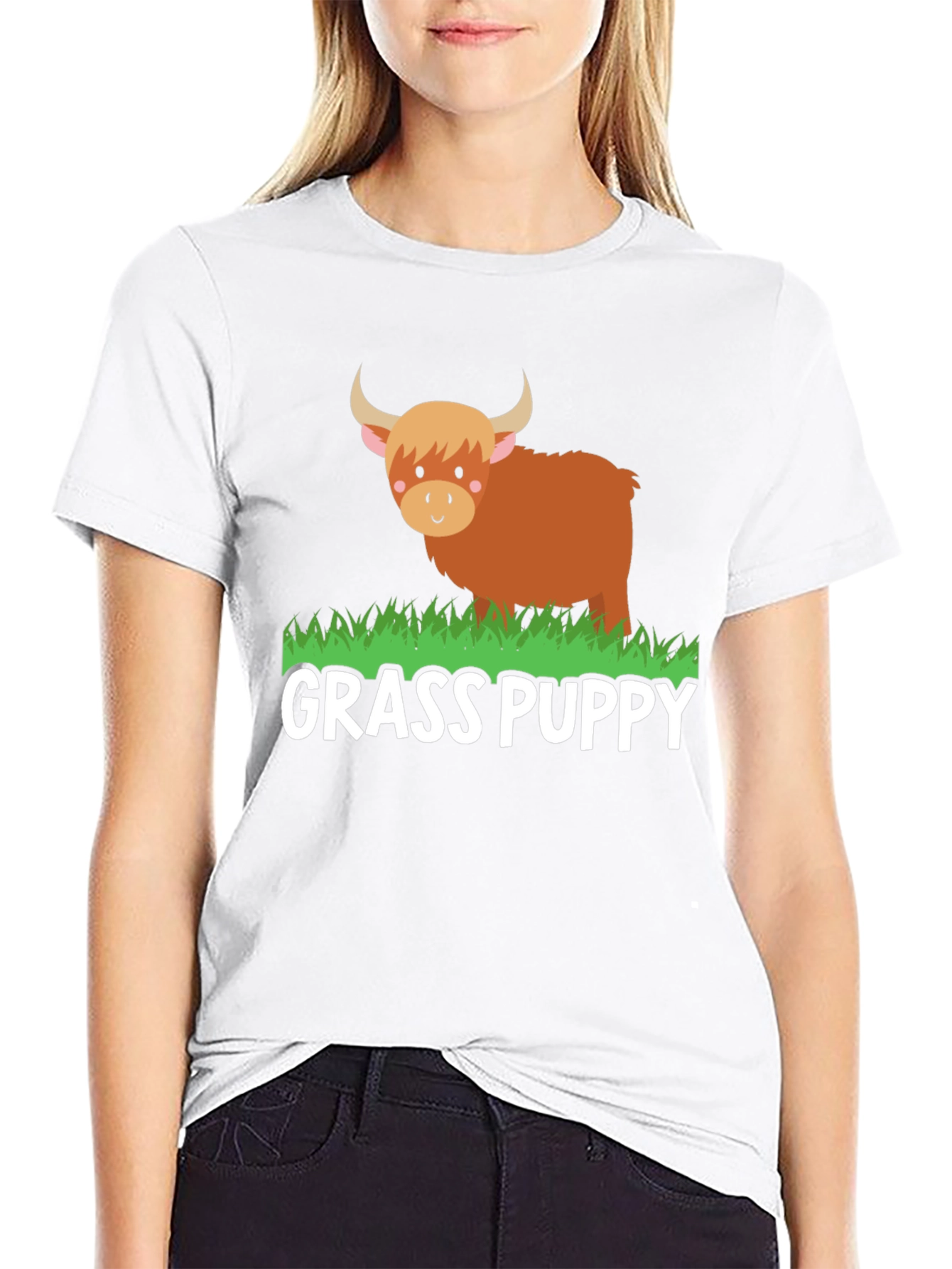 Black Grass Puppy Highland Cow Graphic Tee view 9