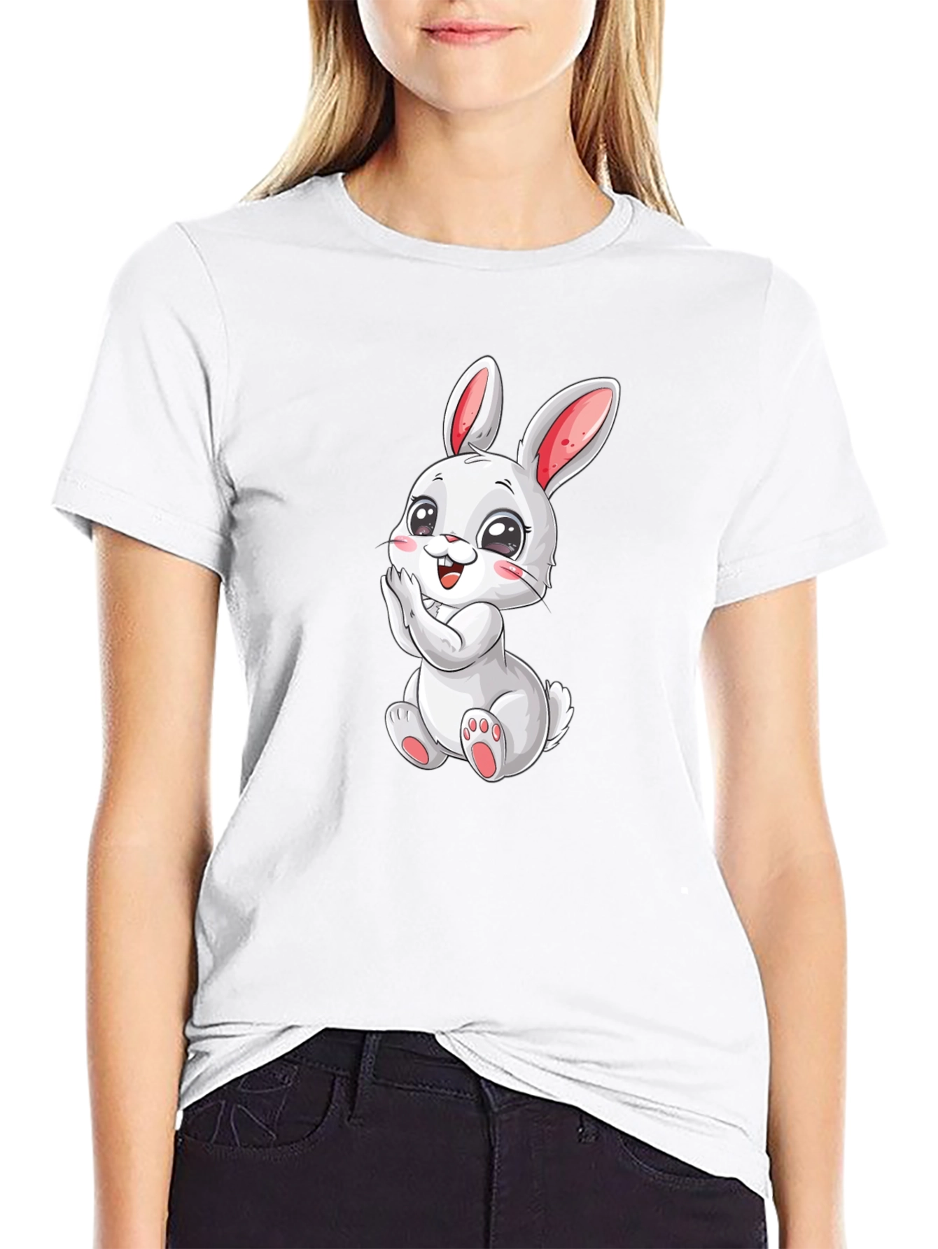Black Cute Bunny Graphic Tee - Black Cotton Comfort view 9