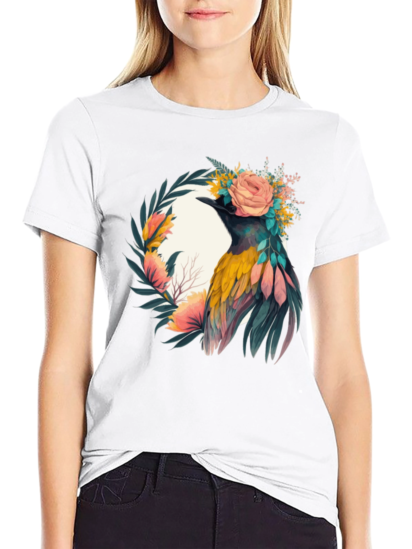 Black Floral Bird Graphic Tee - Unique Design view 9