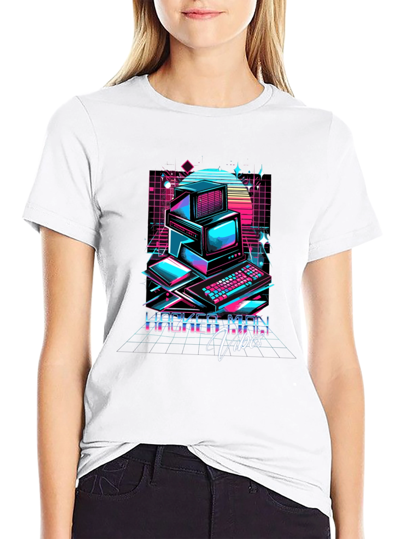 Black Hacker Man Vibes T-Shirt - Retro Computer Design view 9