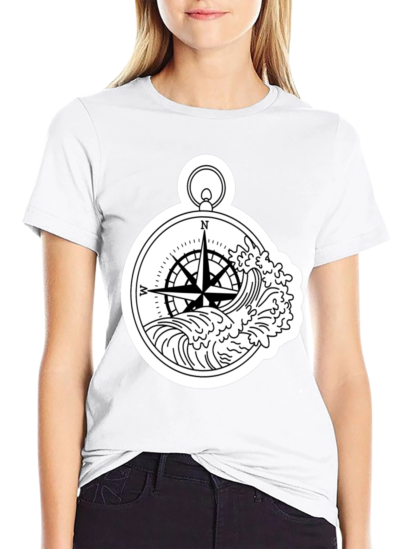 Black Nautical Compass Wave Graphic T-Shirt - Black view 9
