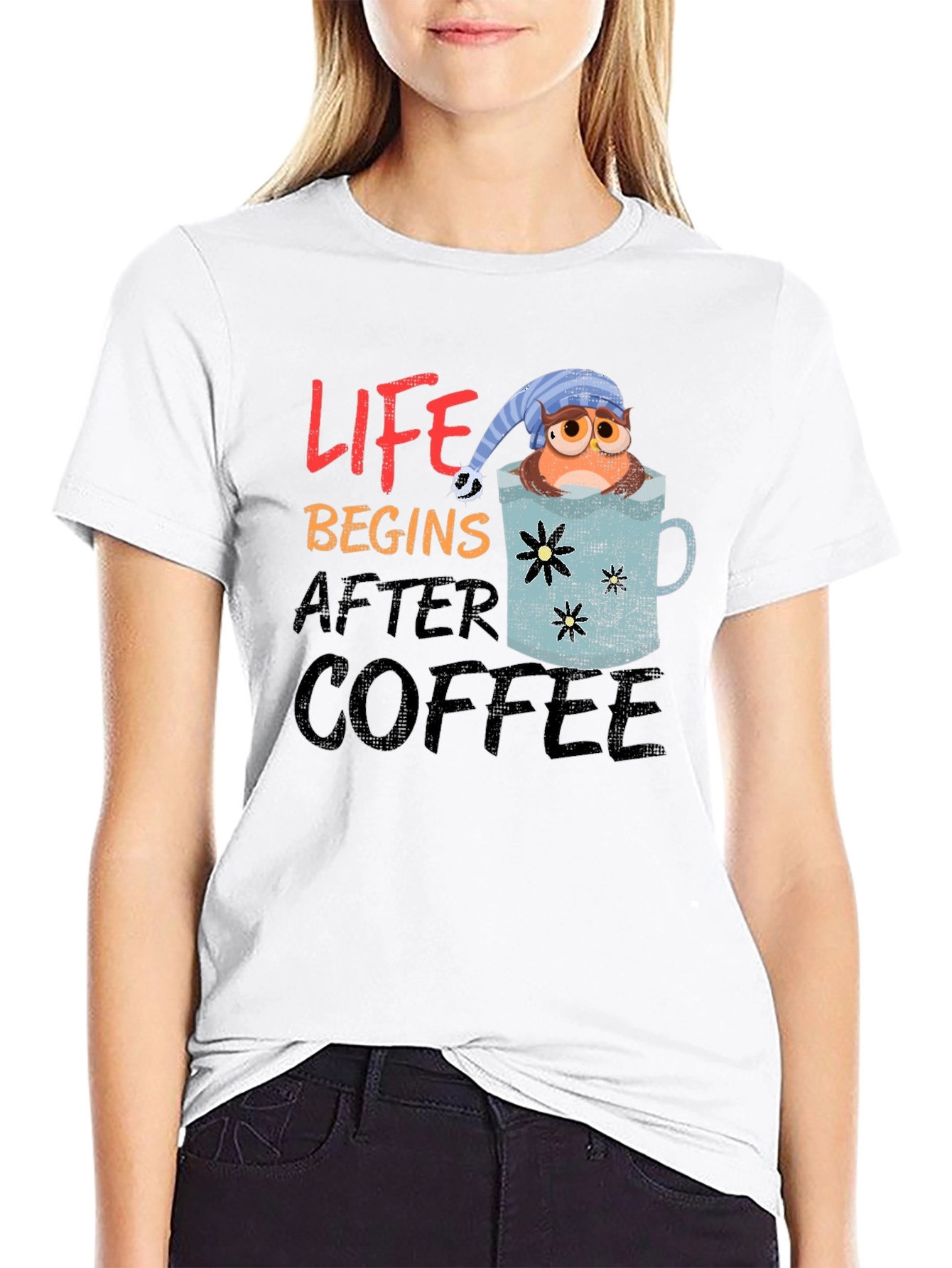 Black Life Begins After Coffee Owl Graphic T-Shirt view 9