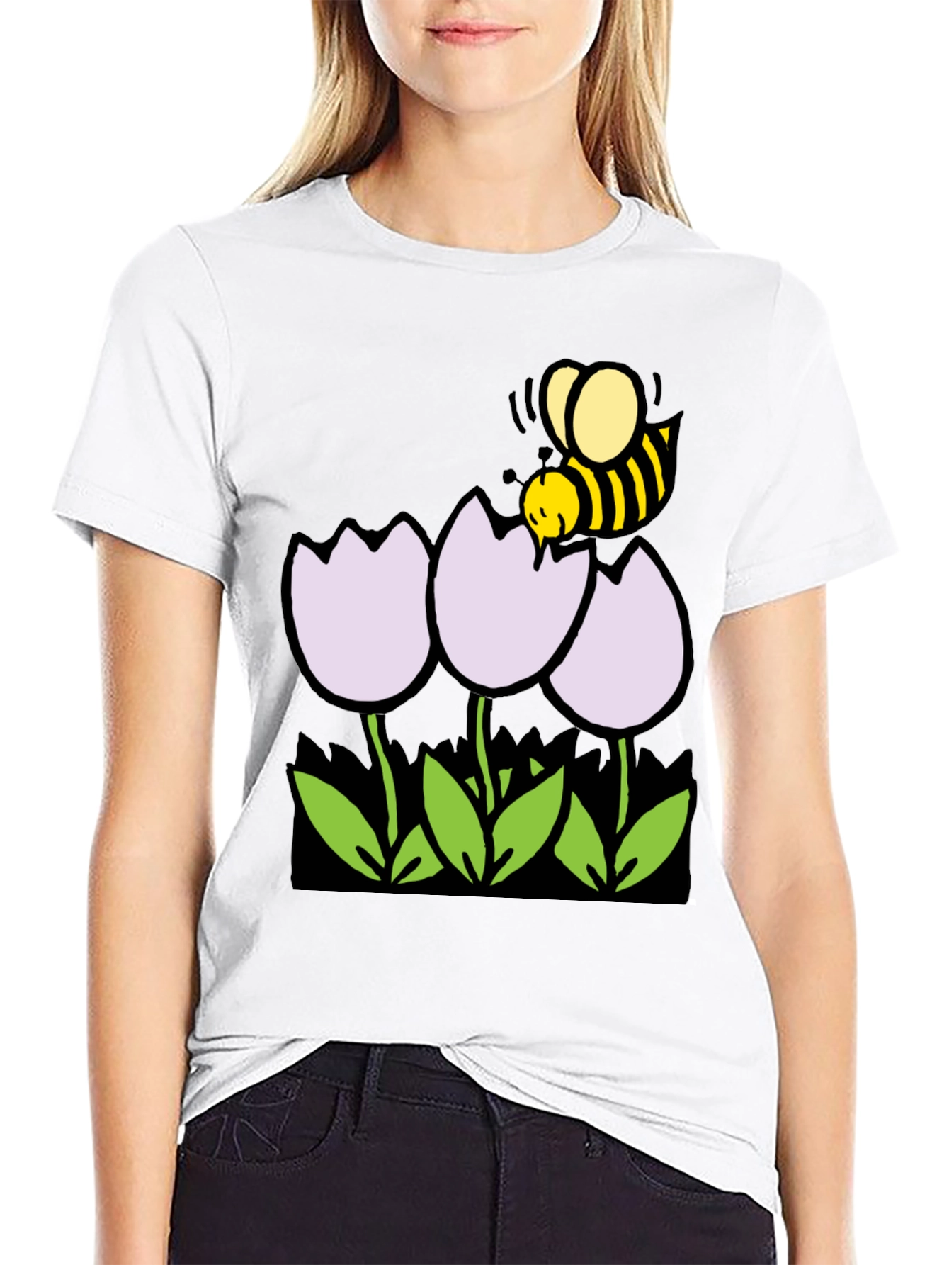 Black Bee and Flowers Graphic T-Shirt - Black Casual Tee view 9