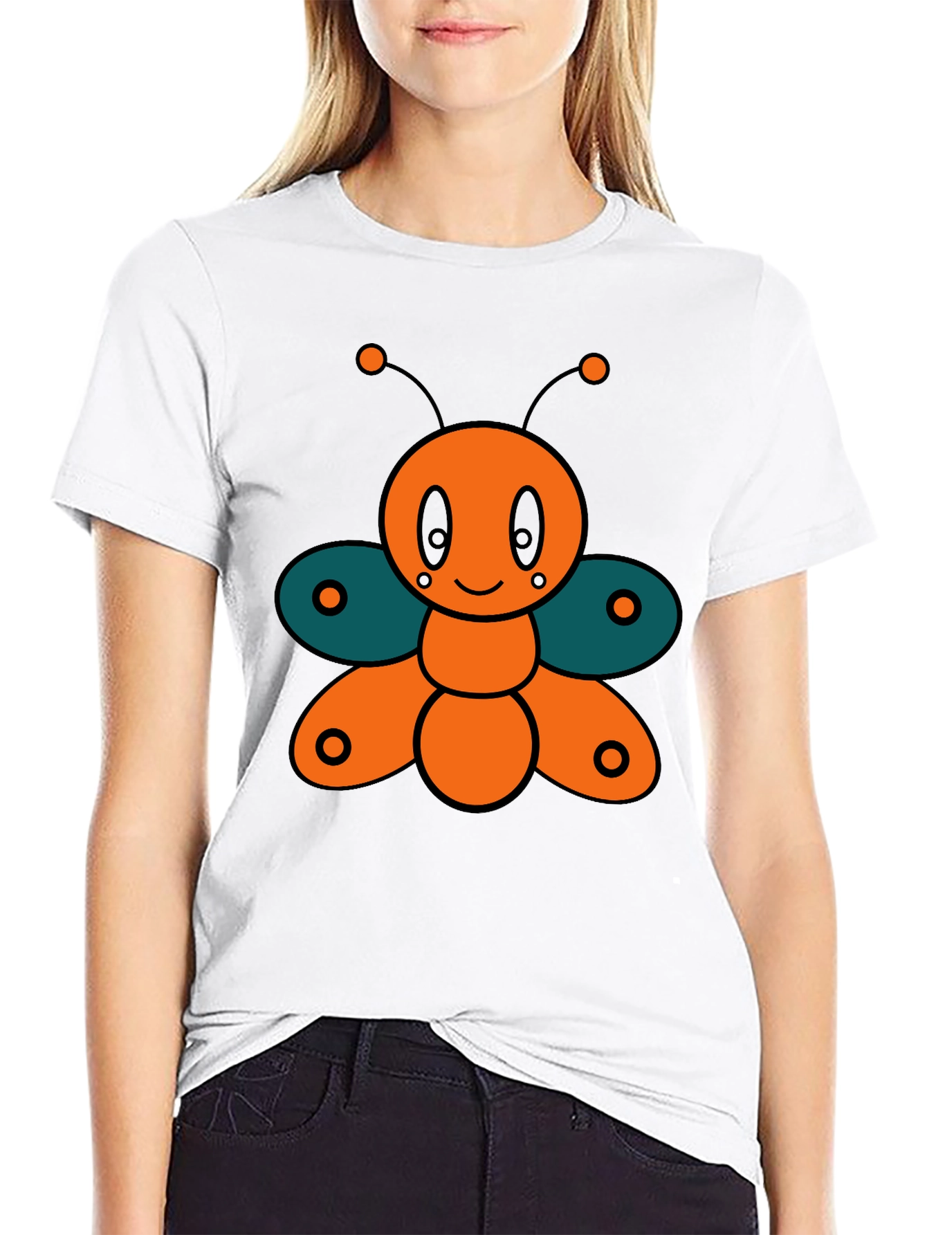 Black Cute Cartoon Butterfly Graphic Tee - Black view 9