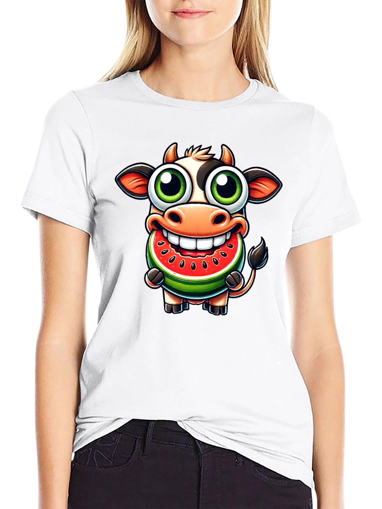 Black Funny Cow Watermelon Cartoon T-Shirt view 9