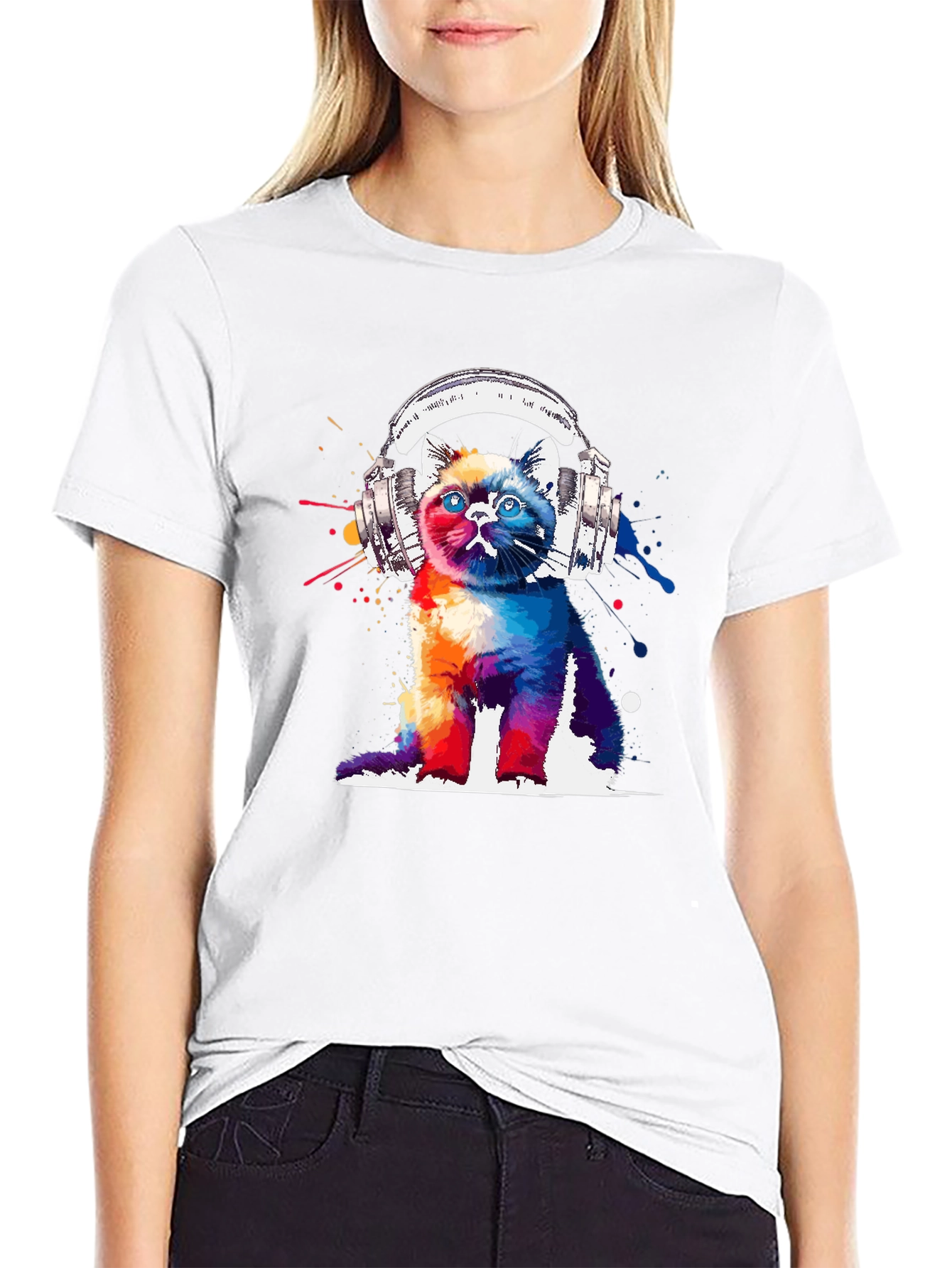 Black Colorful Cat Headphones Graphic T-Shirt view 9