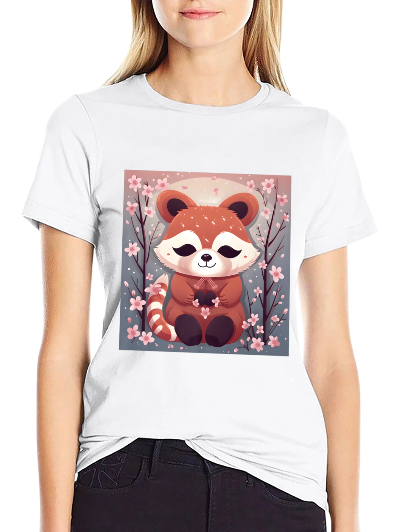 Black Cute Red Panda Cherry Blossom Black T-Shirt view 9