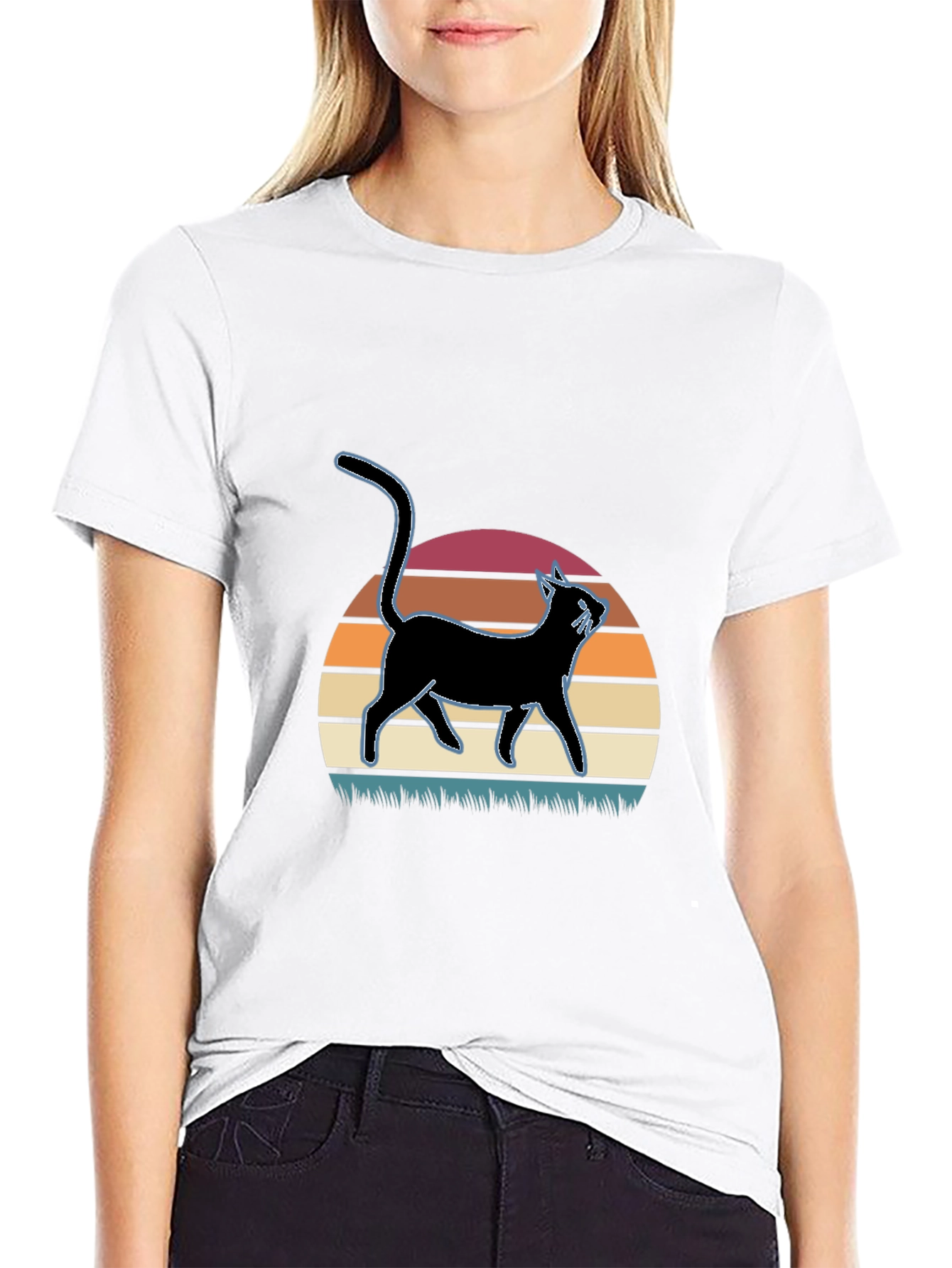 Black Retro Cat Silhouette T-Shirt view 9