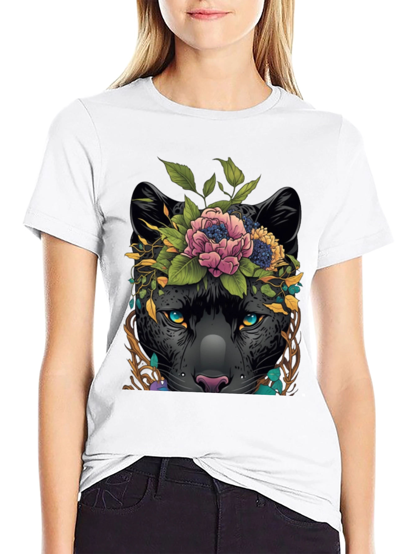 Black Floral Panther Graphic Tee - Unique Animal Design view 9