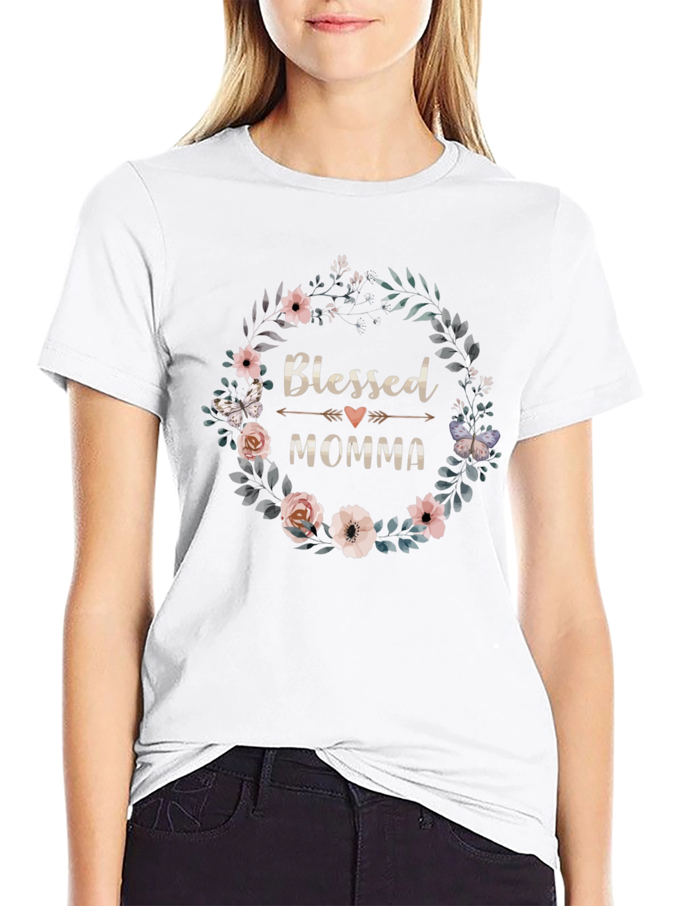 Black Blessed Momma Floral Wreath T-Shirt view 9