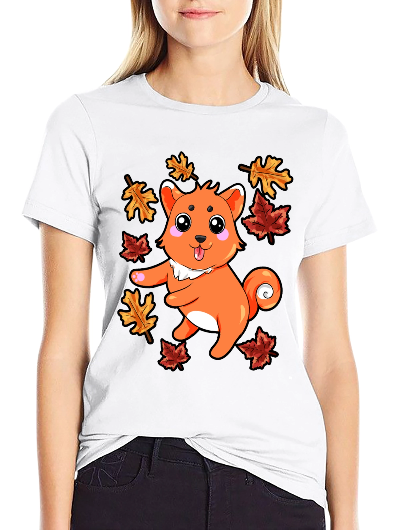 Black Autumn Shiba Inu T-Shirt - Cute Dog & Fall Leaves view 9
