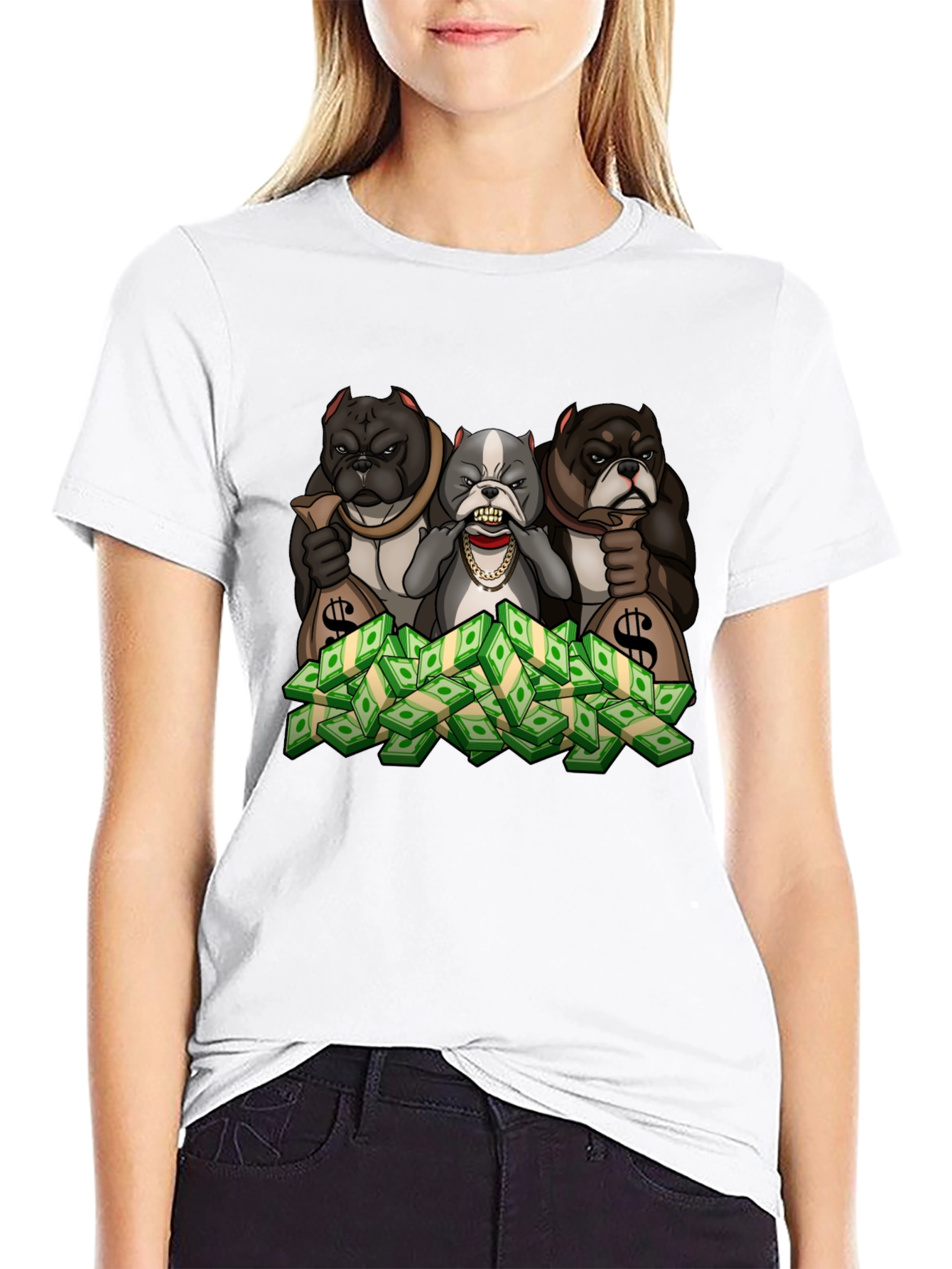 Black Bulldog Money T-Shirt - Cartoon Graphic Tee view 9
