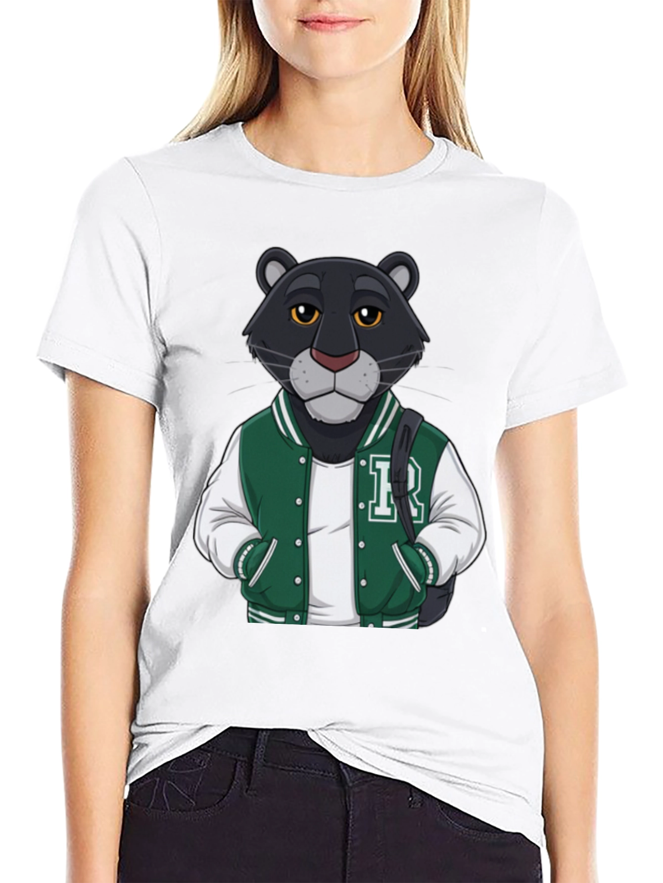 Black Cartoon Panther Varsity Jacket Graphic Tee view 9