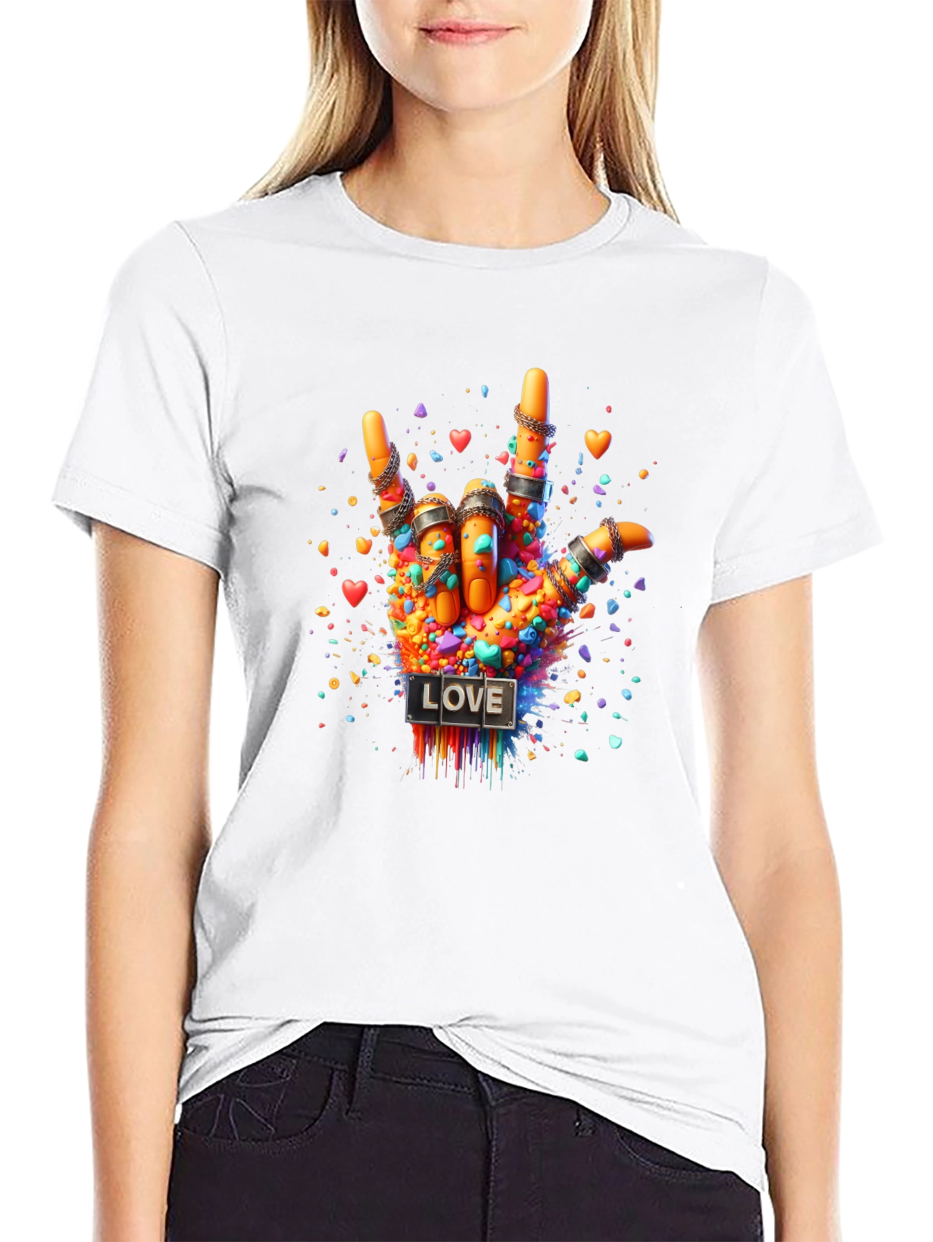 Black Love Sign Hand Graphic Tee - Colorful ASL Design view 9
