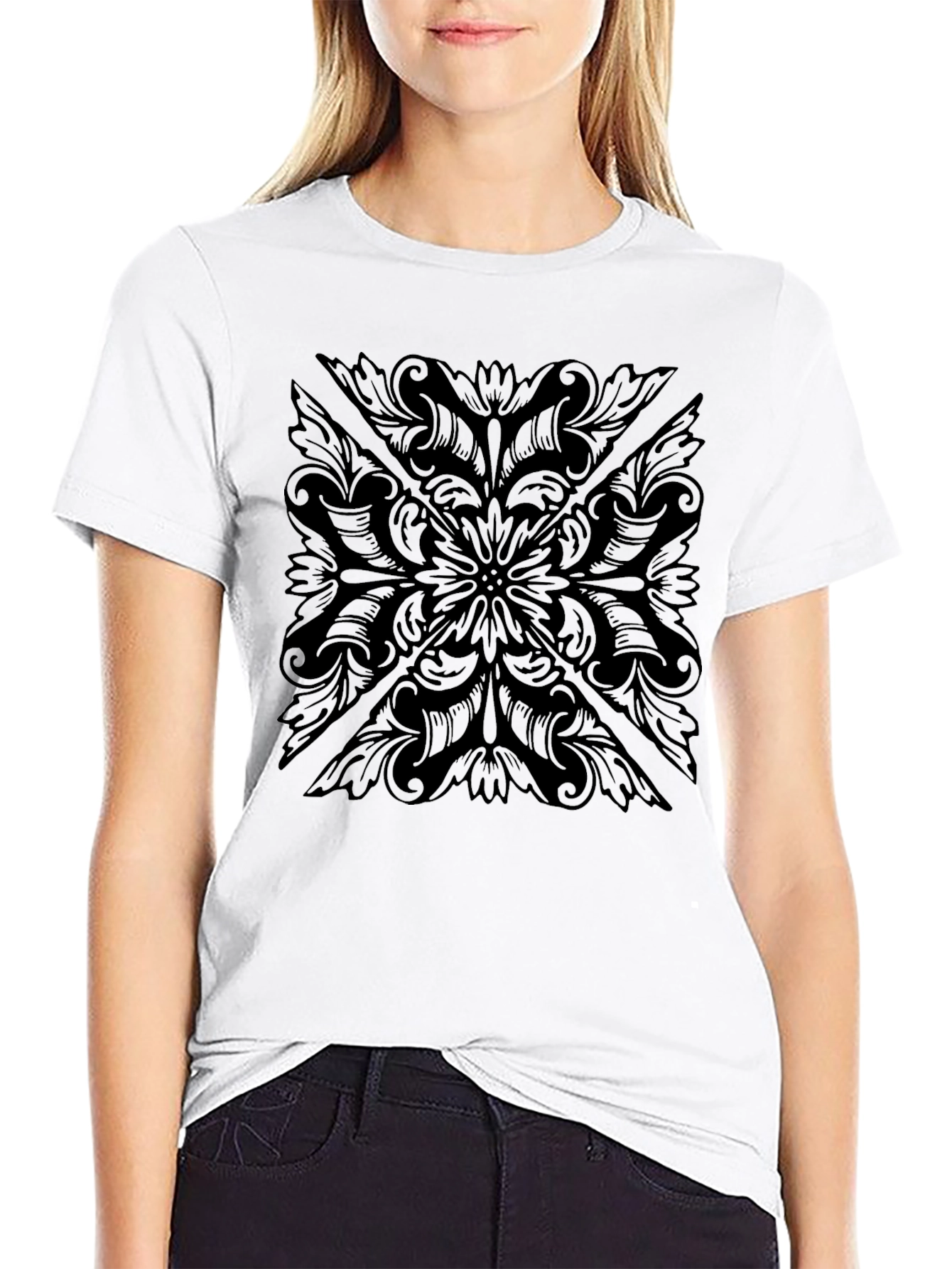 Black Men's Black Floral Pattern T-Shirt view 9