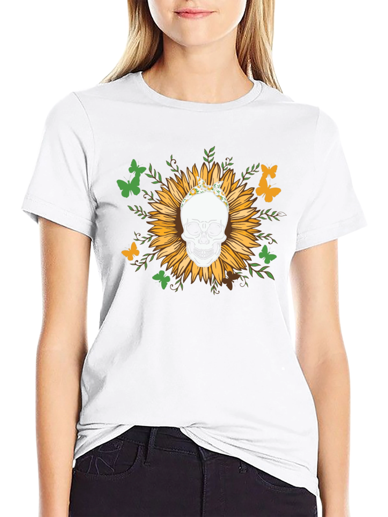 Black Sunflower Skull Graphic Tee view 9