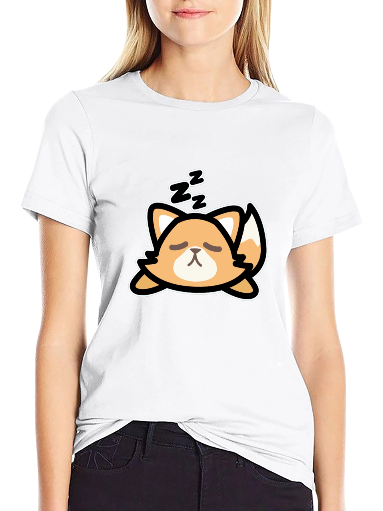 Black Cute Sleeping Fox Graphic Tee - Black Cotton T-Shirt view 9