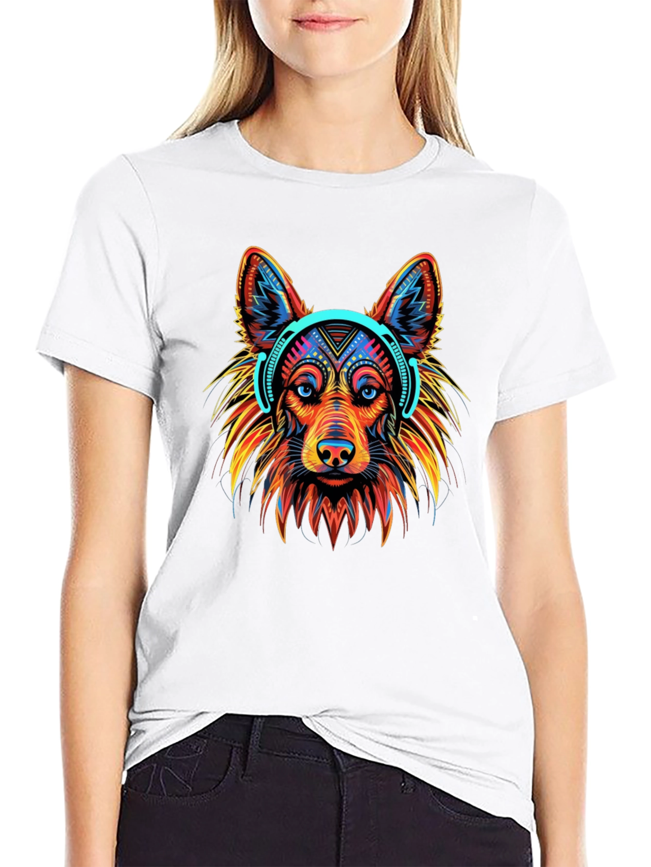 Black Cool Dog Headphones Graphic T-Shirt view 9