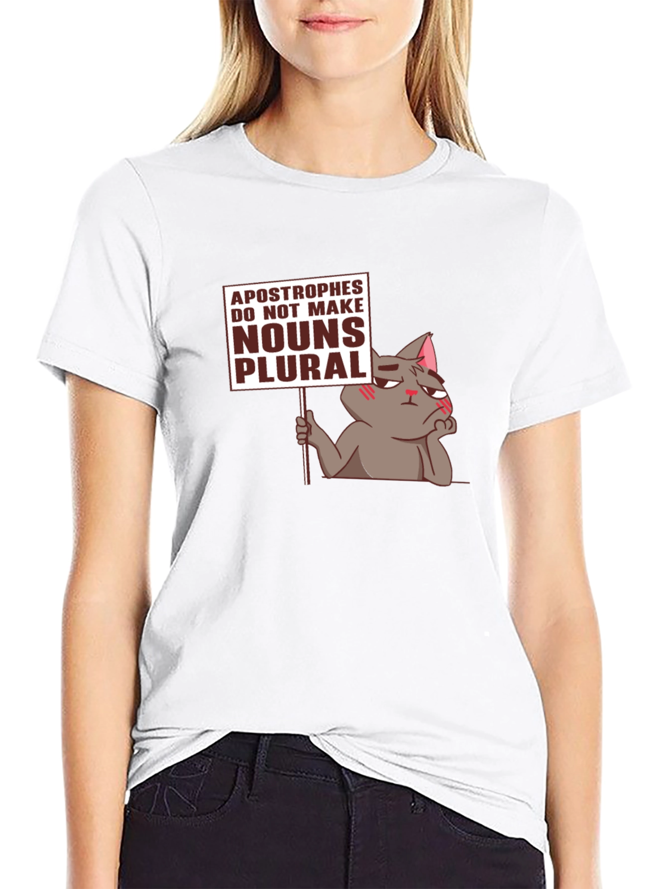 Black Grammar Cat T-Shirt - Apostrophes Do Not Make Nouns Plural Tee view 9