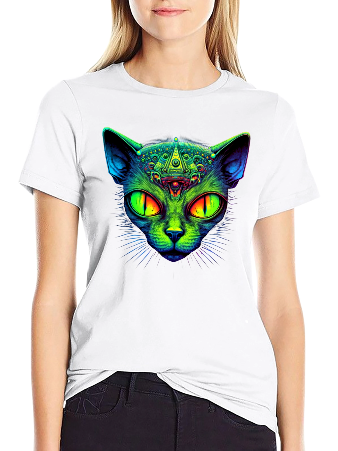 Black Psychedelic Cat Graphic Tee - Black Cotton T-Shirt view 9