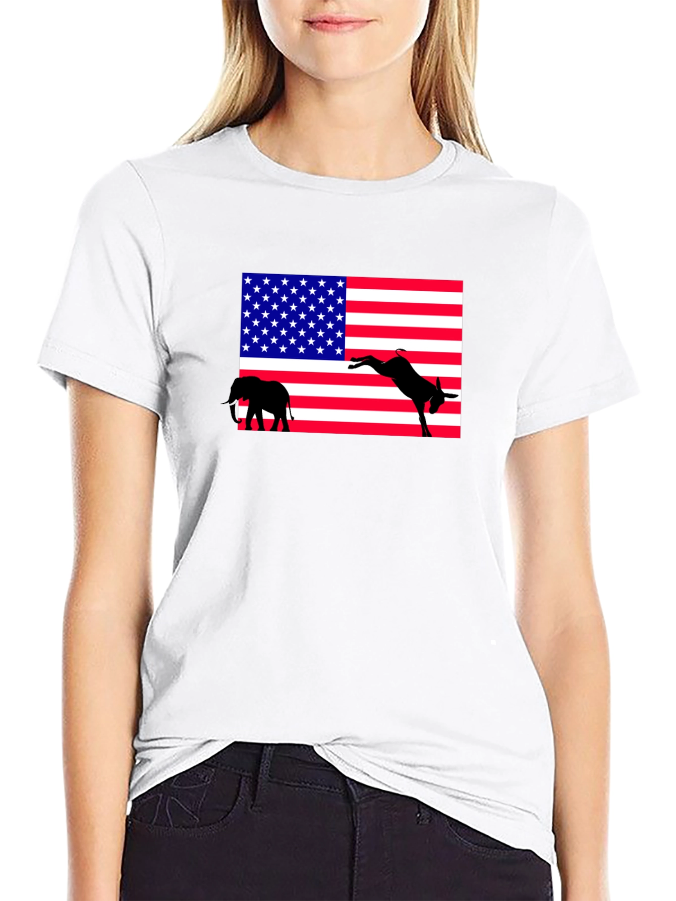 Black Political T-Shirt: Elephant & Donkey American Flag view 9