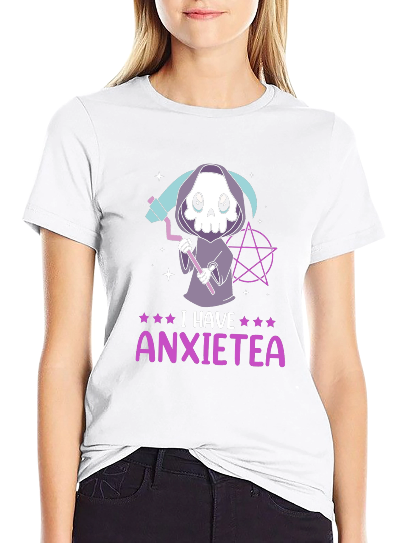Black Anxietea T-Shirt - Cute Grim Reaper Design view 9
