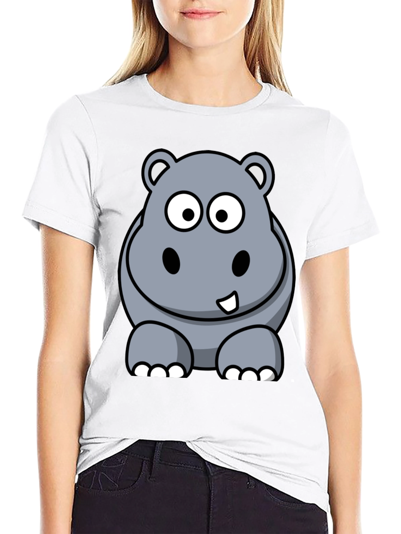Black Cartoon Hippo Graphic Tee - Black Cotton T-Shirt view 9