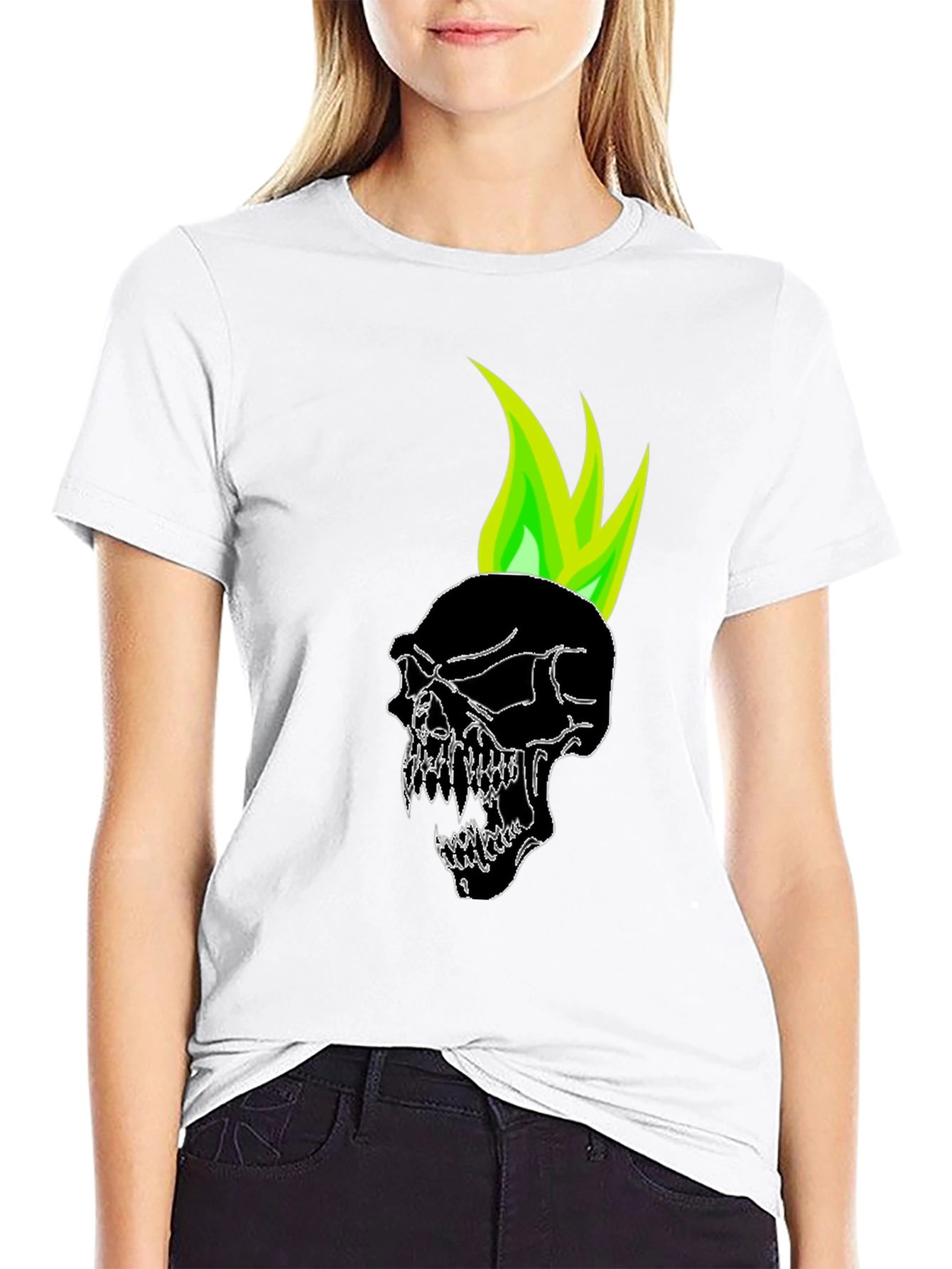 Black Skull with Green Flame Graphic Tee view 9
