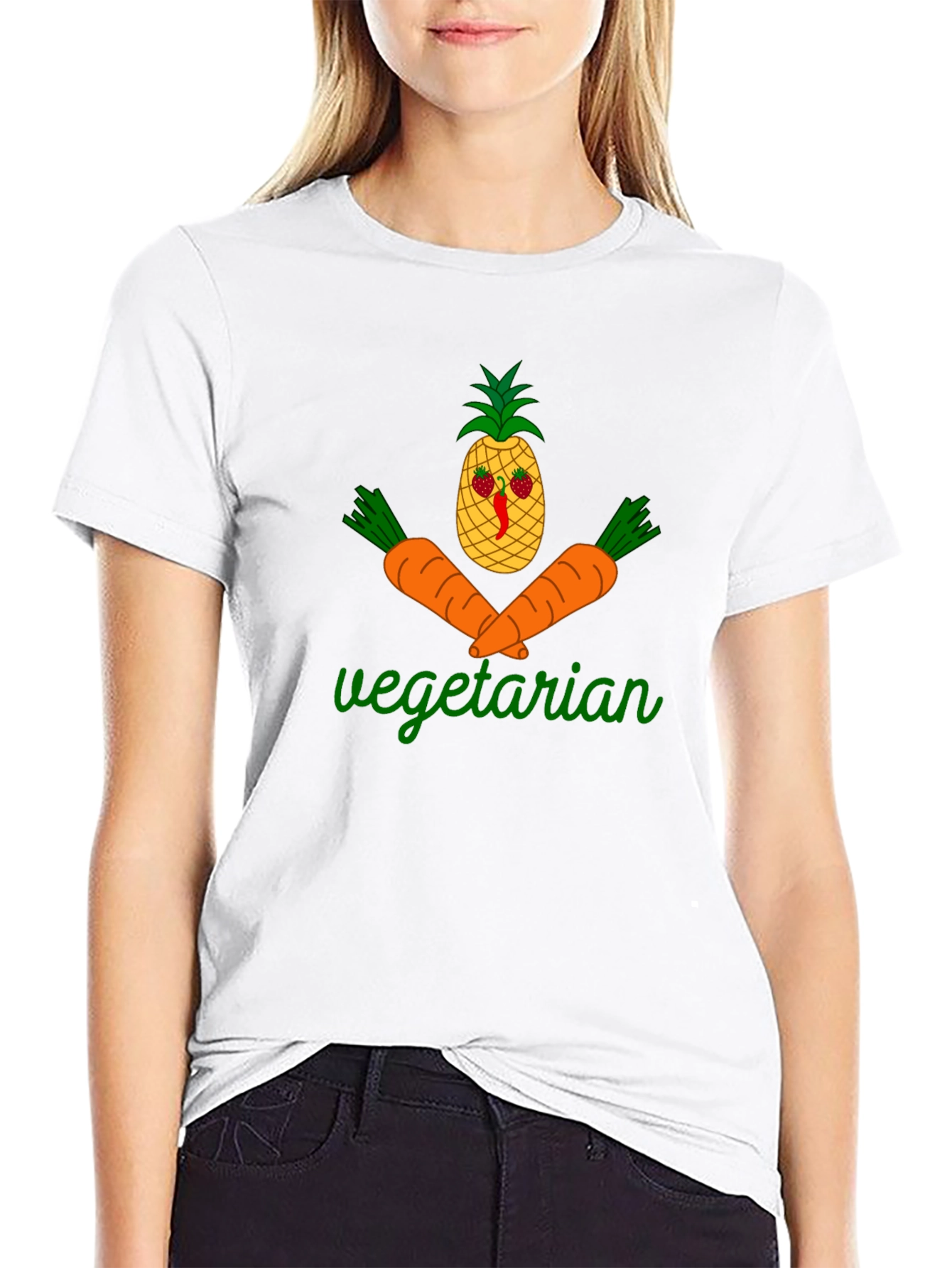 Black Vegetarian Graphic T-Shirt - Pineapple & Carrot Design view 9