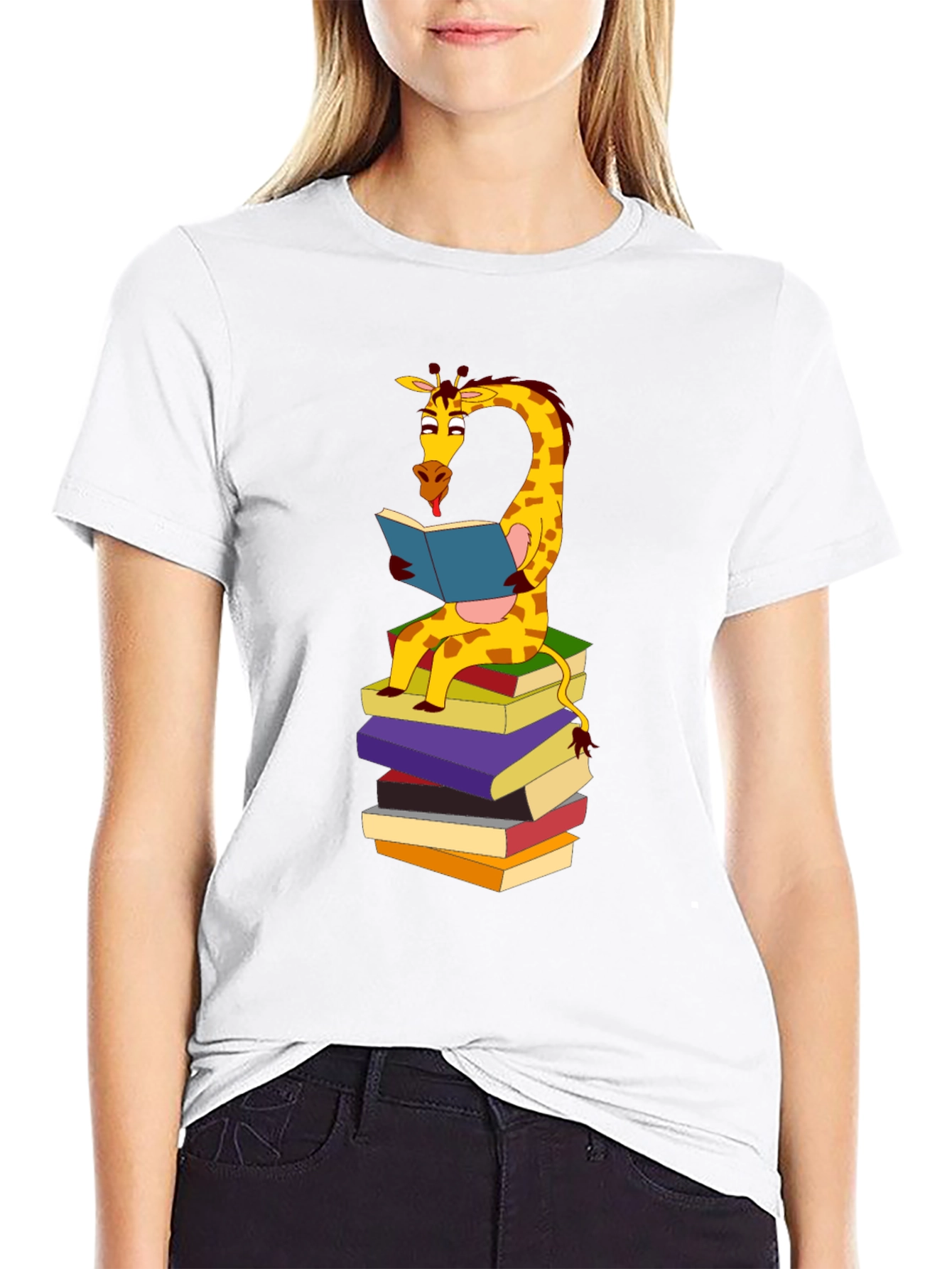 Black Reading Giraffe Graphic Tee - Black Cotton Blend view 9