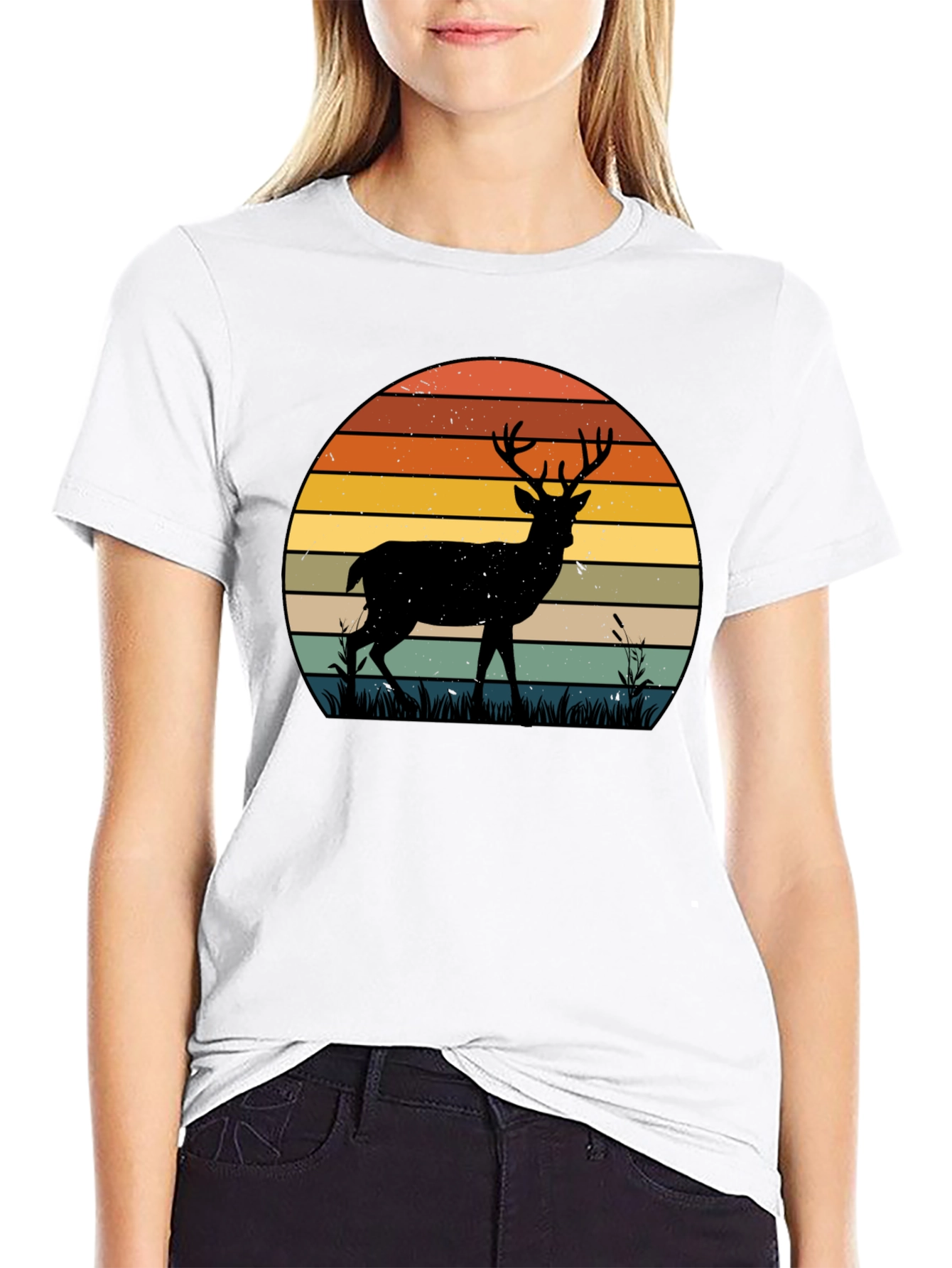 Black Retro Deer Sunset Graphic T-Shirt view 9