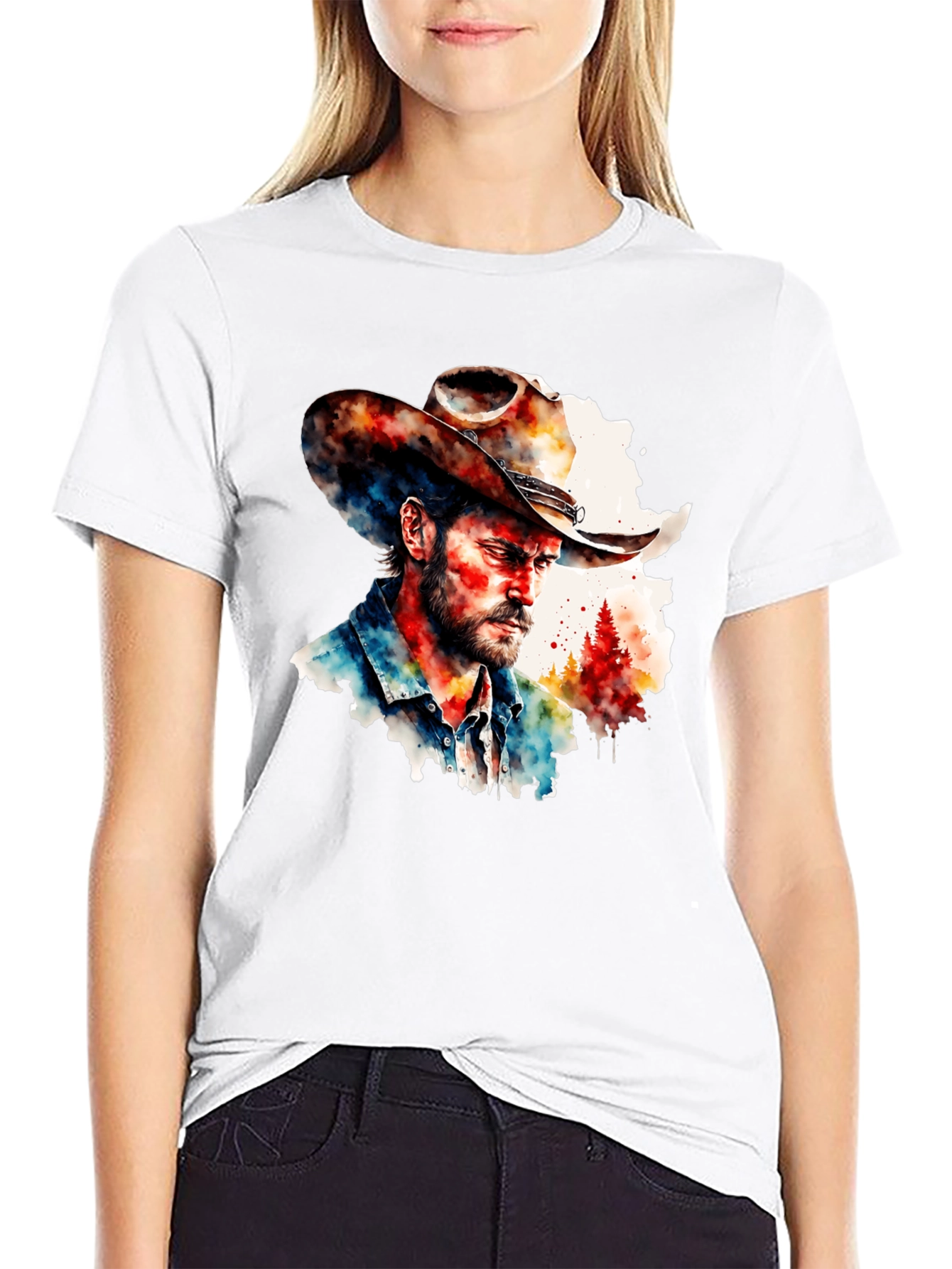 Black Watercolor Cowboy T-Shirt - Western Style view 9