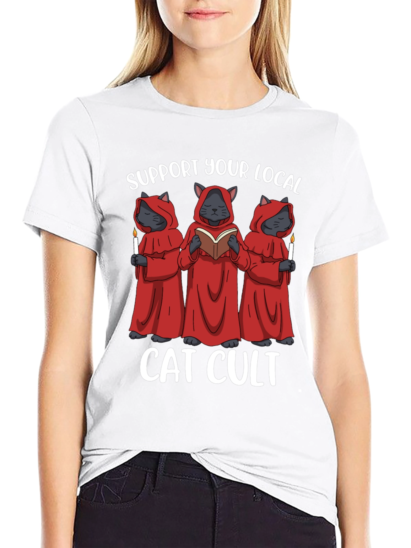 Black Support Your Local Cat Cult T-Shirt view 9